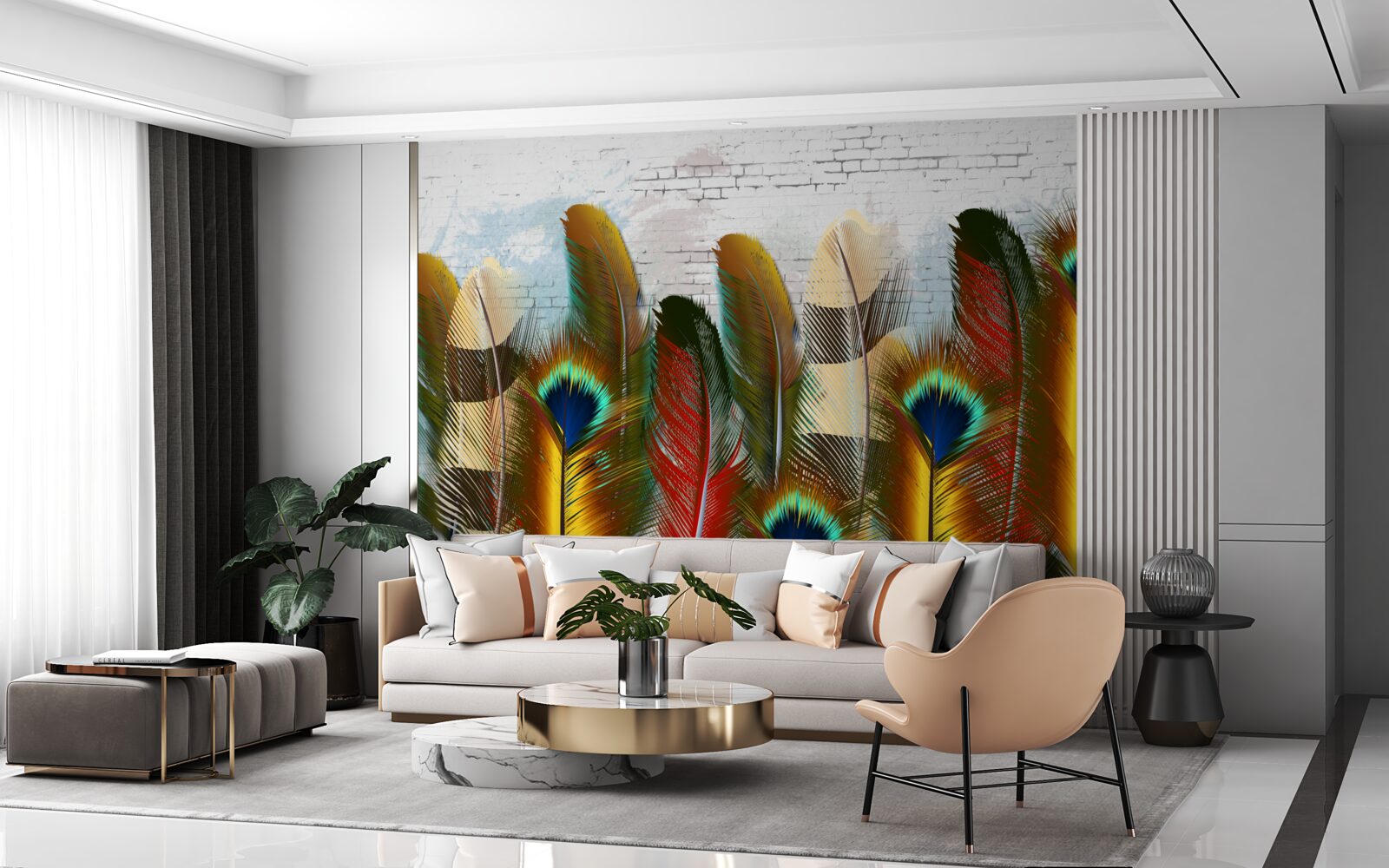 Fototapeta wspaniałe pióra kontrastują z białą ceglaną ścianą