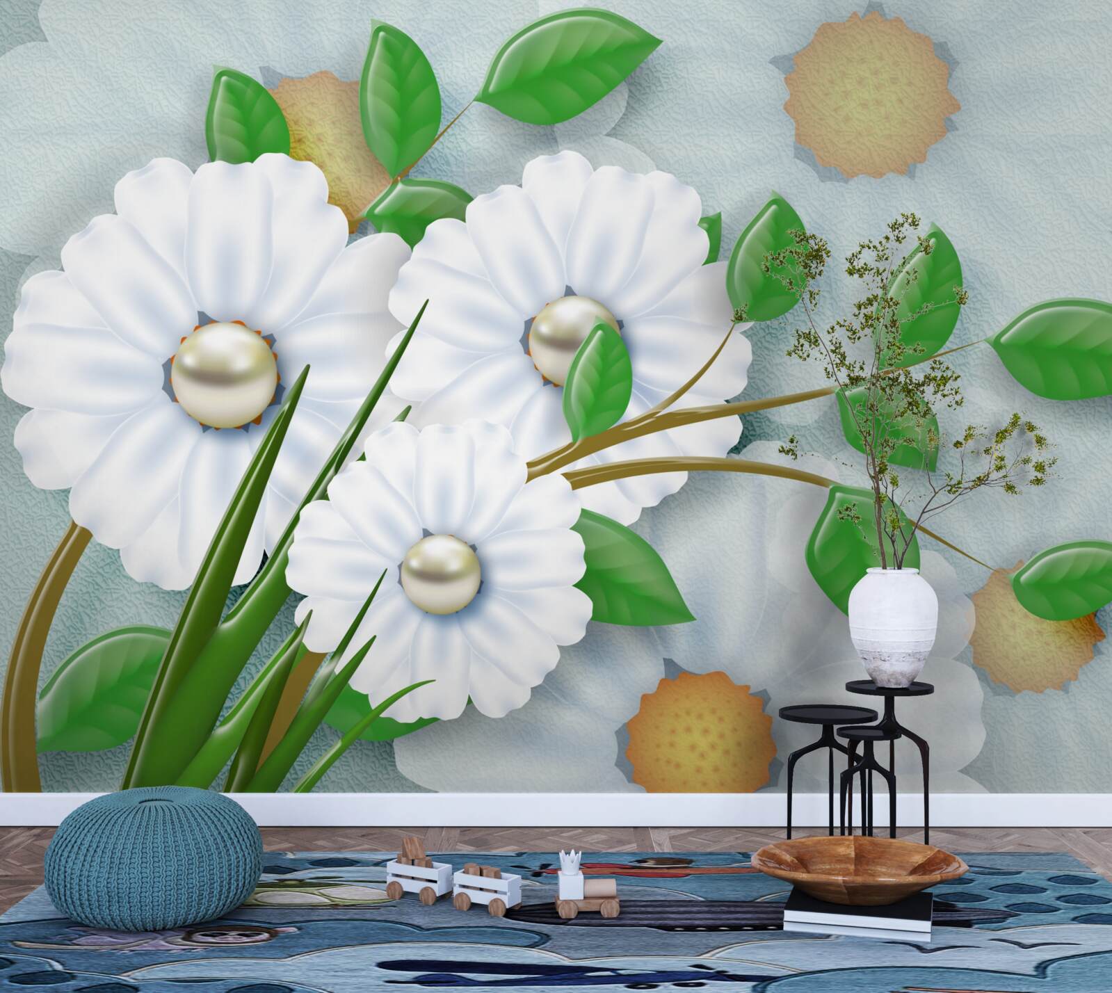 Fototapeta Śnieżnobiałe stokrotki z perłowymi sercami