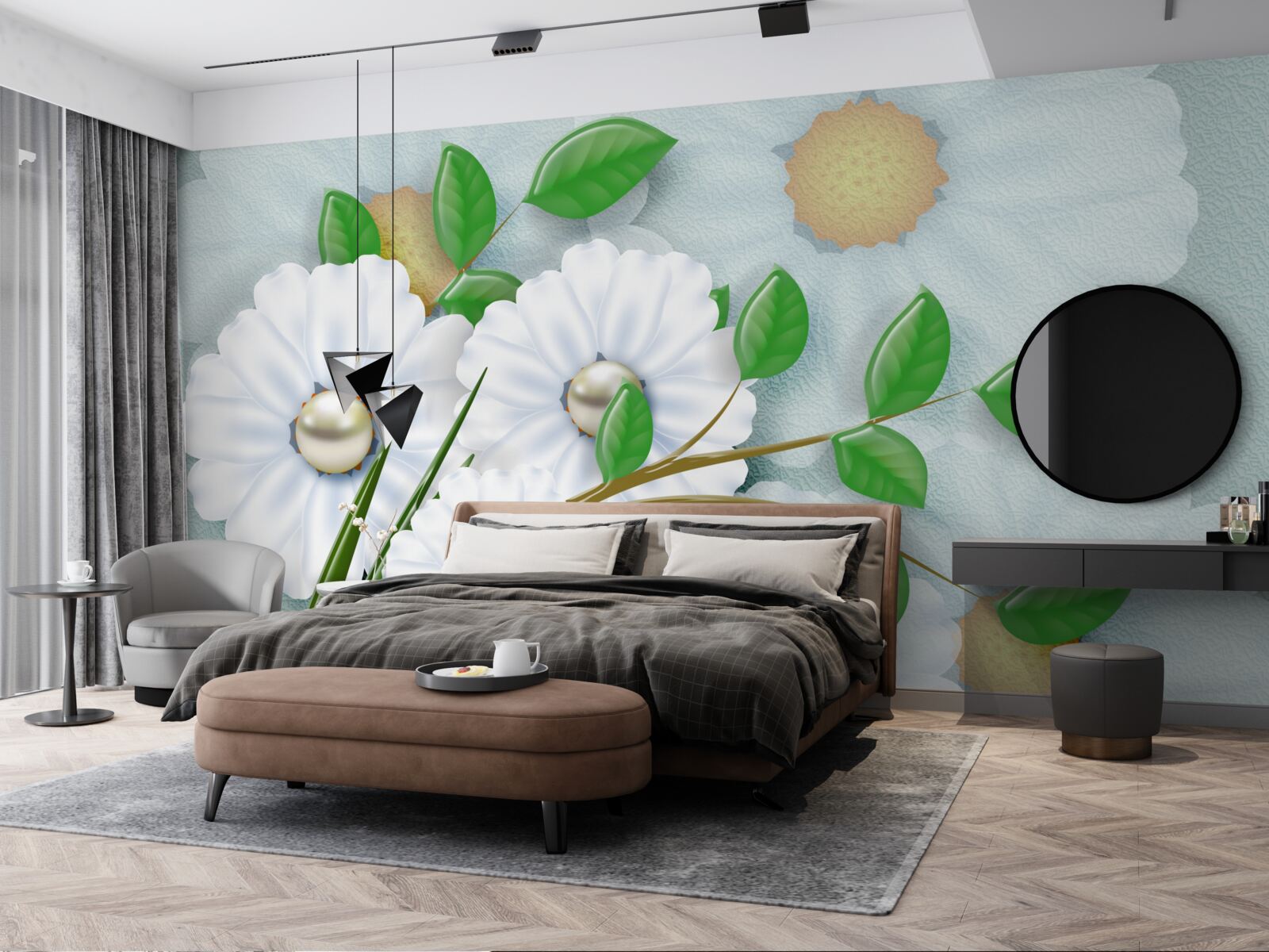 Fototapeta Śnieżnobiałe stokrotki z perłowymi sercami