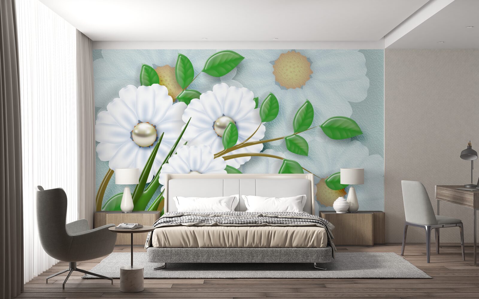 Fototapeta Śnieżnobiałe stokrotki z perłowymi sercami