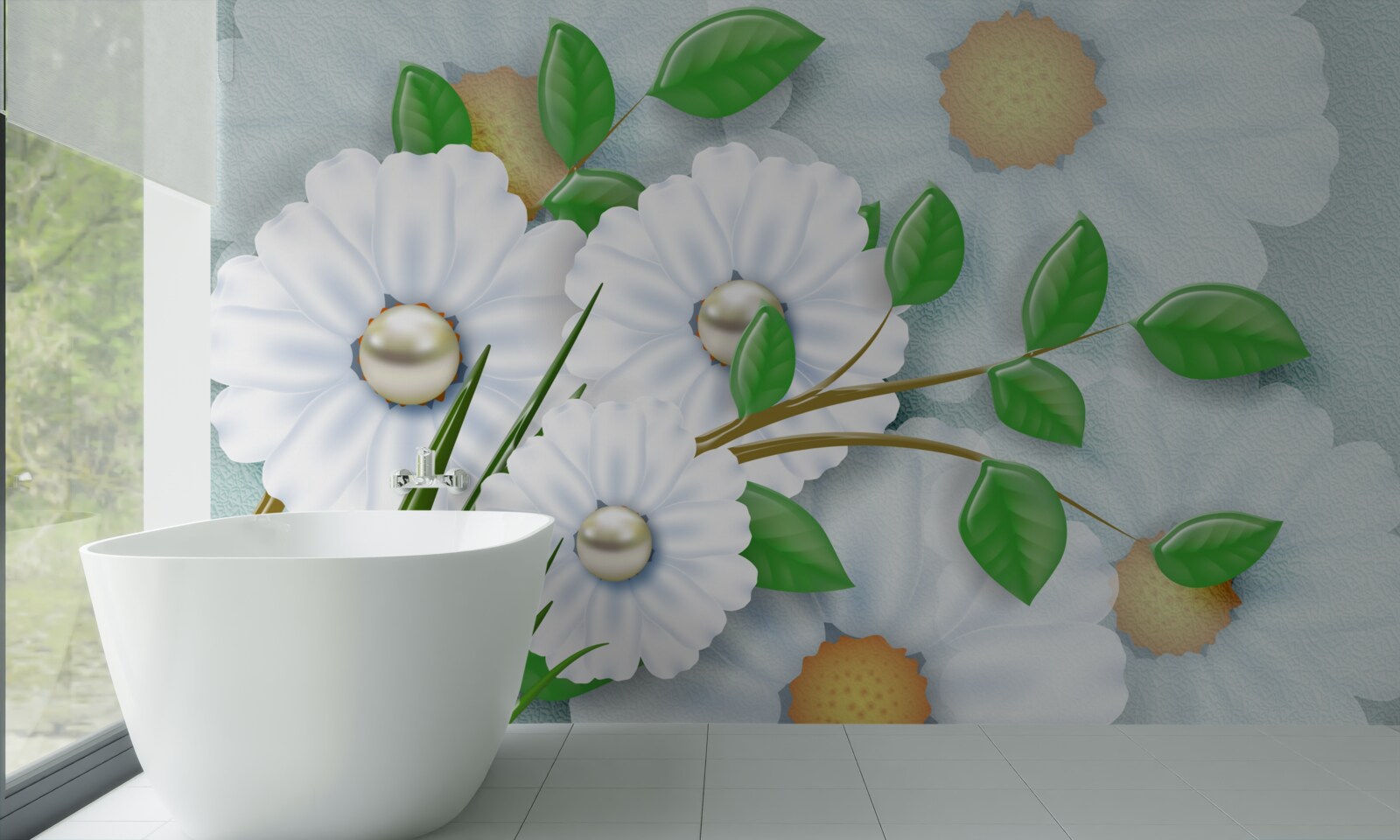 Fototapeta Śnieżnobiałe stokrotki z perłowymi sercami