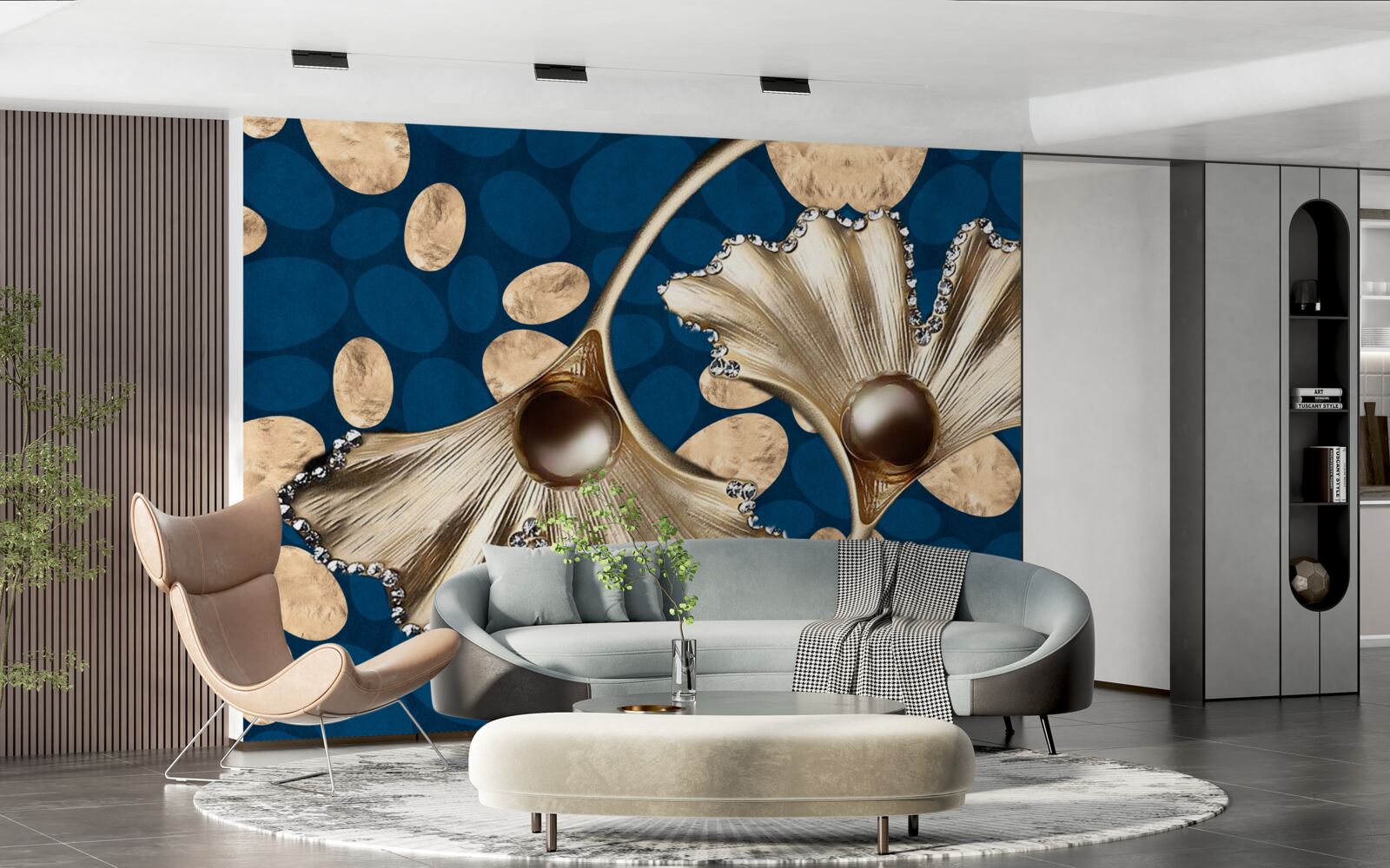 Fototapeta niebieskie tło ozdobione jest złotymi kwiatami