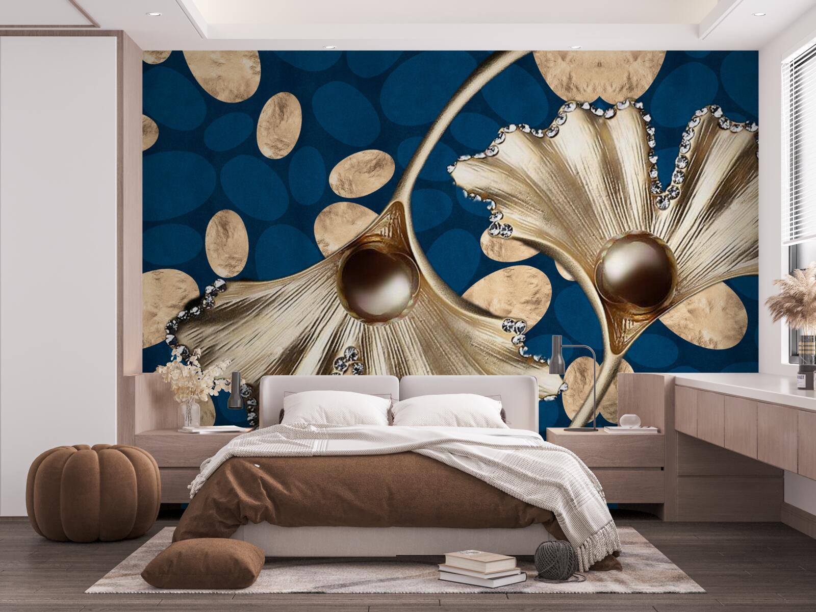 Fototapeta niebieskie tło ozdobione jest złotymi kwiatami