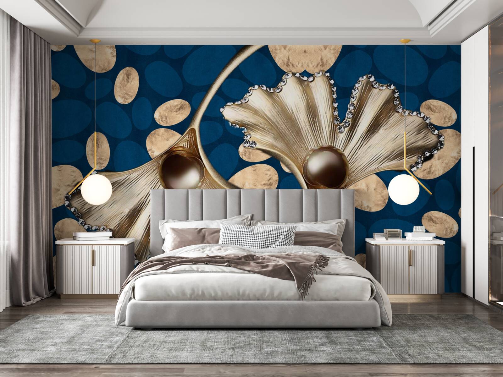 Fototapeta niebieskie tło ozdobione jest złotymi kwiatami