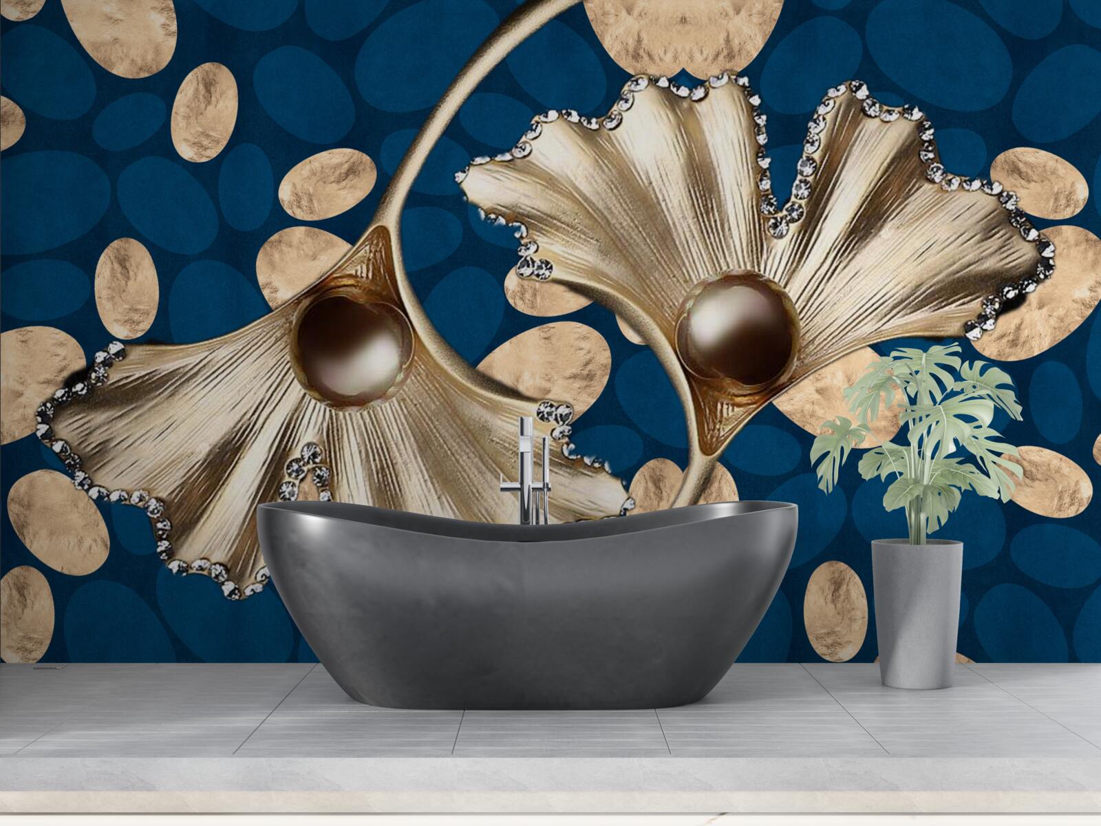 Fototapeta niebieskie tło ozdobione jest złotymi kwiatami