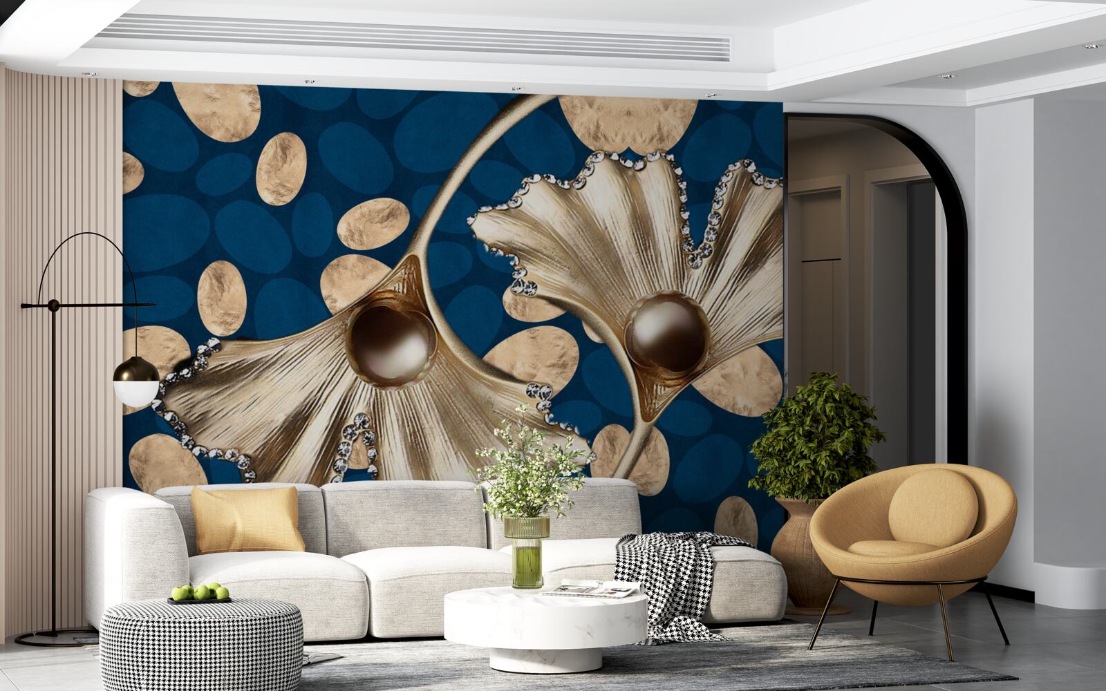 Fototapeta niebieskie tło ozdobione jest złotymi kwiatami