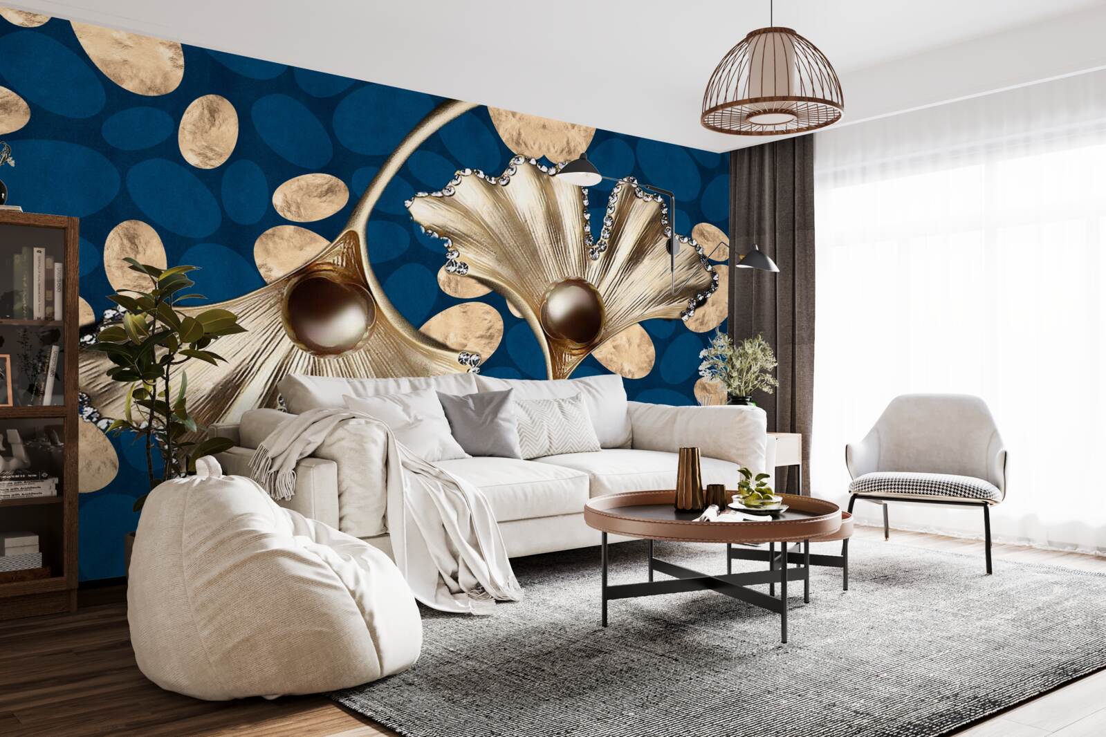 Fototapeta niebieskie tło ozdobione jest złotymi kwiatami