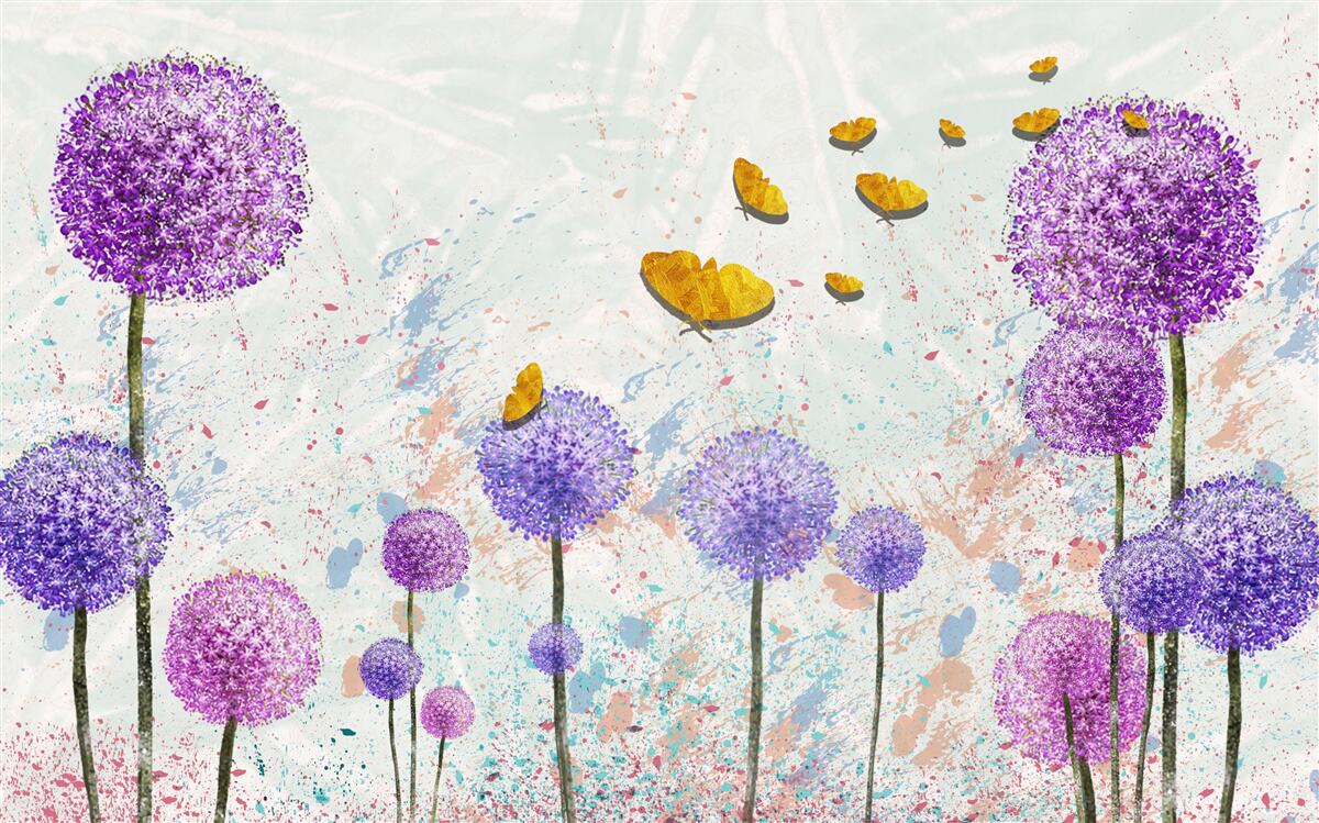 Fototapeta wielokolorowe mlecze i jasne złote motyle