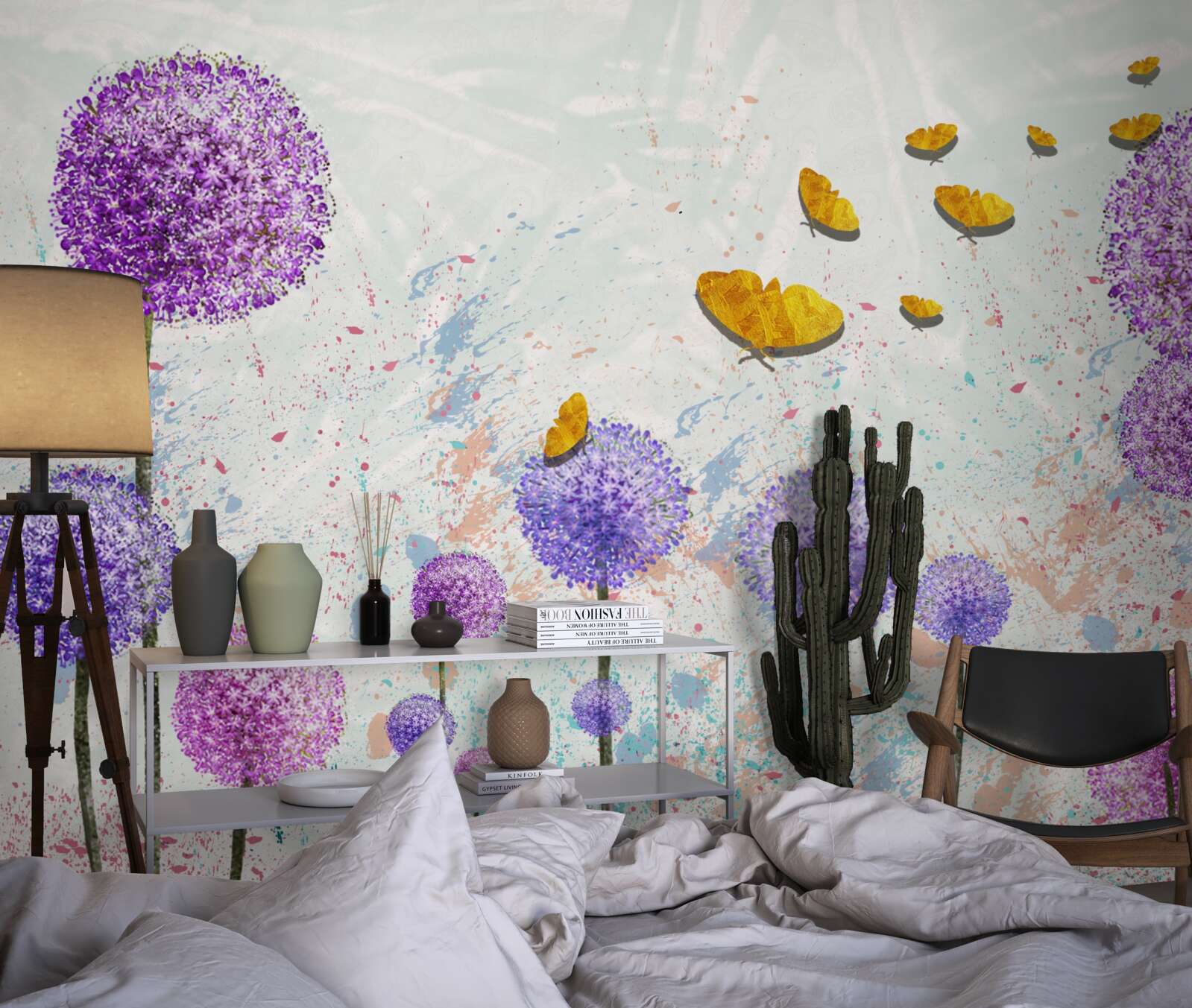 Fototapeta wielokolorowe mlecze i jasne złote motyle