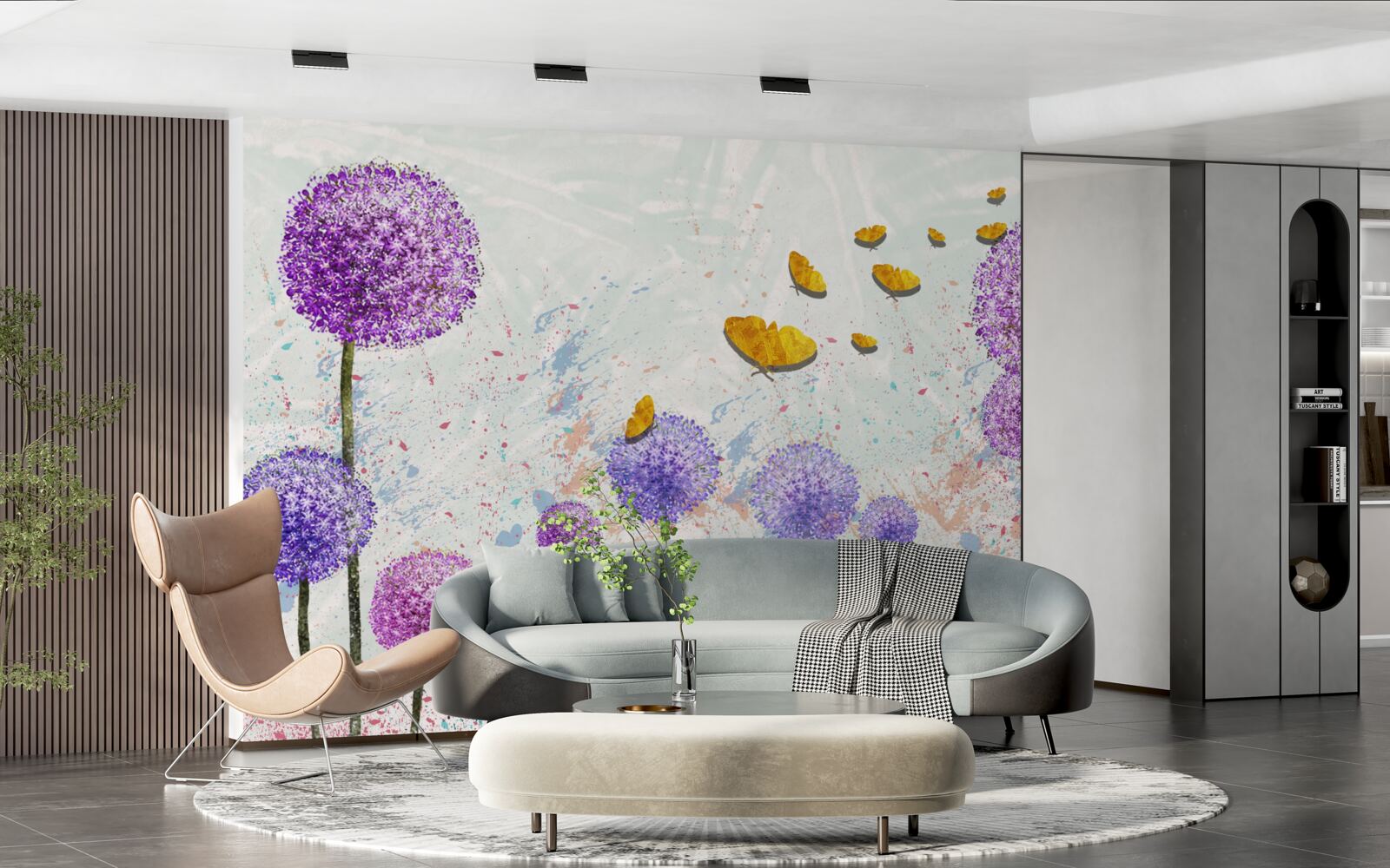 Fototapeta wielokolorowe mlecze i jasne złote motyle