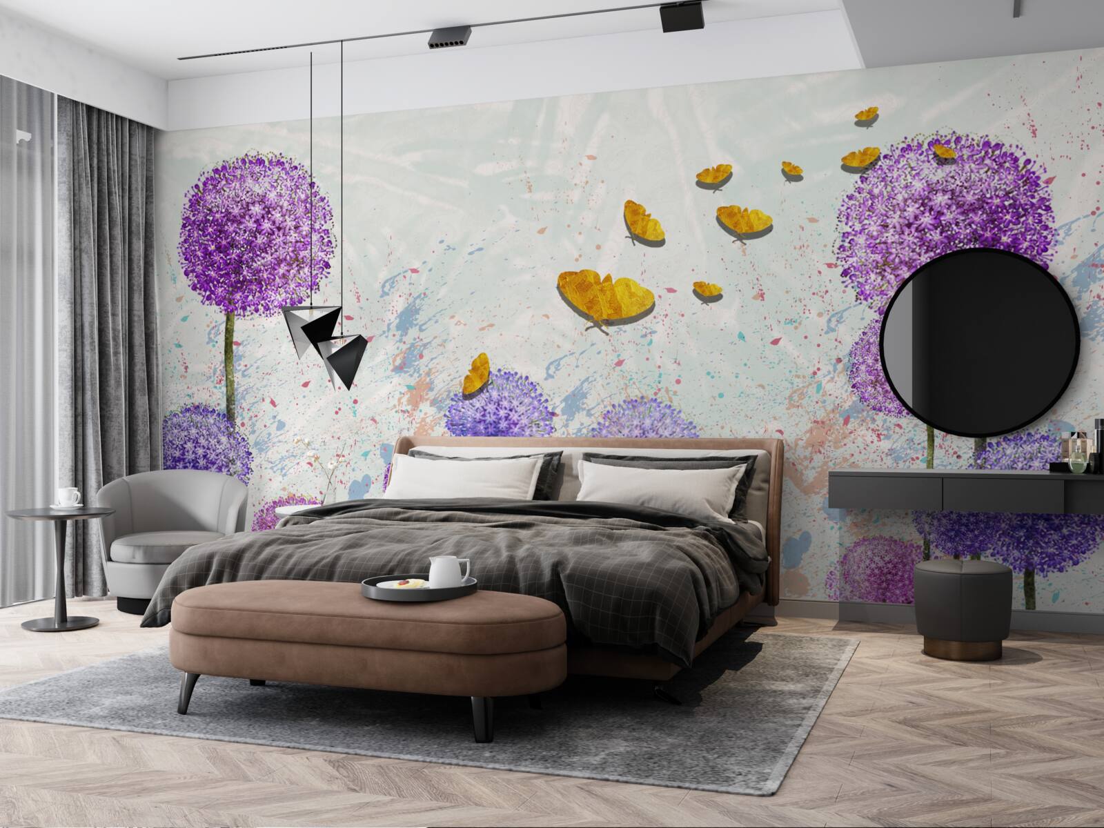 Fototapeta wielokolorowe mlecze i jasne złote motyle