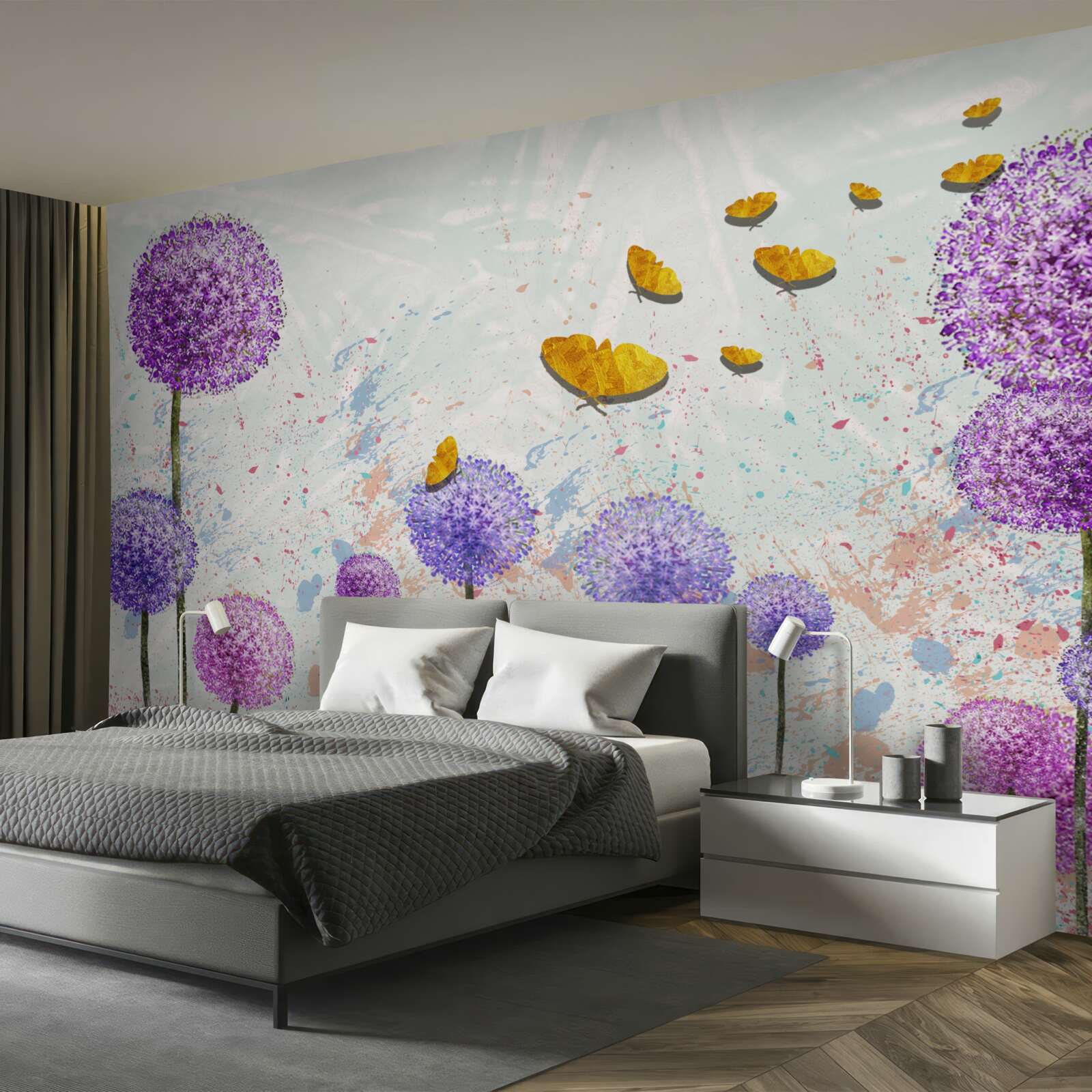 Fototapeta wielokolorowe mlecze i jasne złote motyle