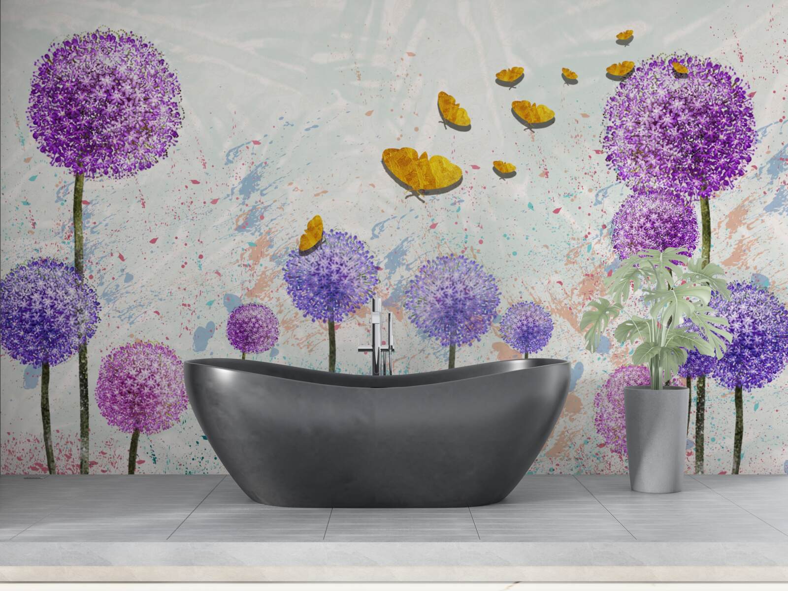 Fototapeta wielokolorowe mlecze i jasne złote motyle