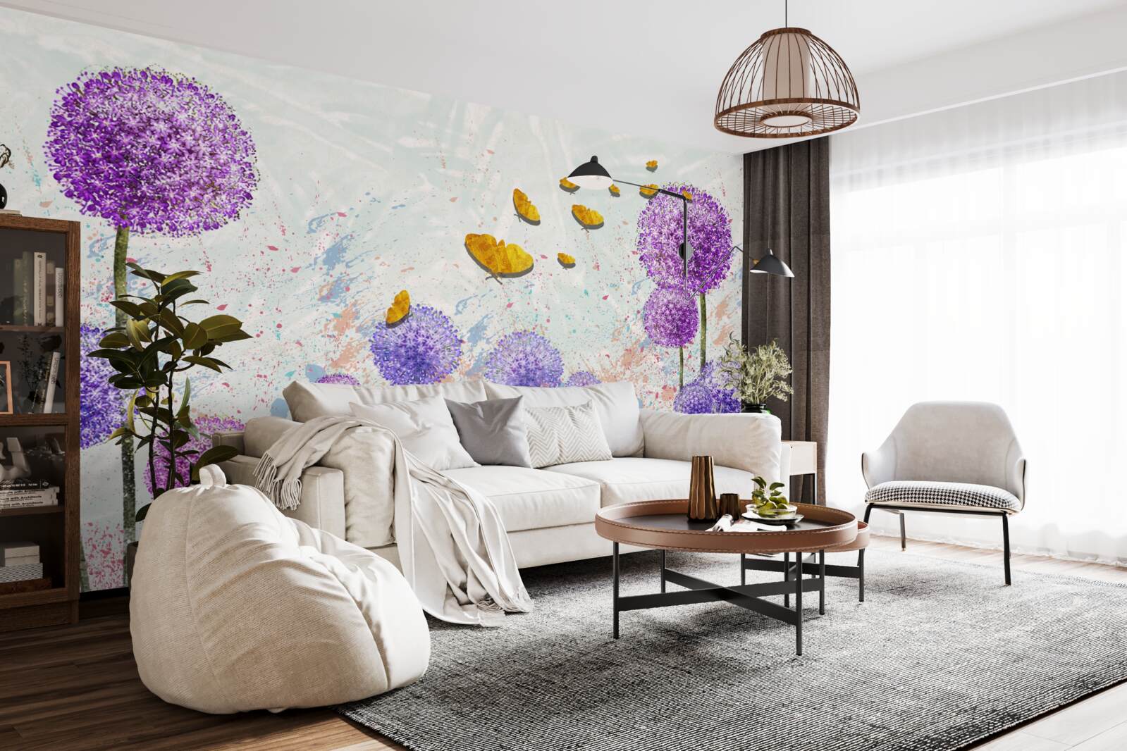 Fototapeta wielokolorowe mlecze i jasne złote motyle