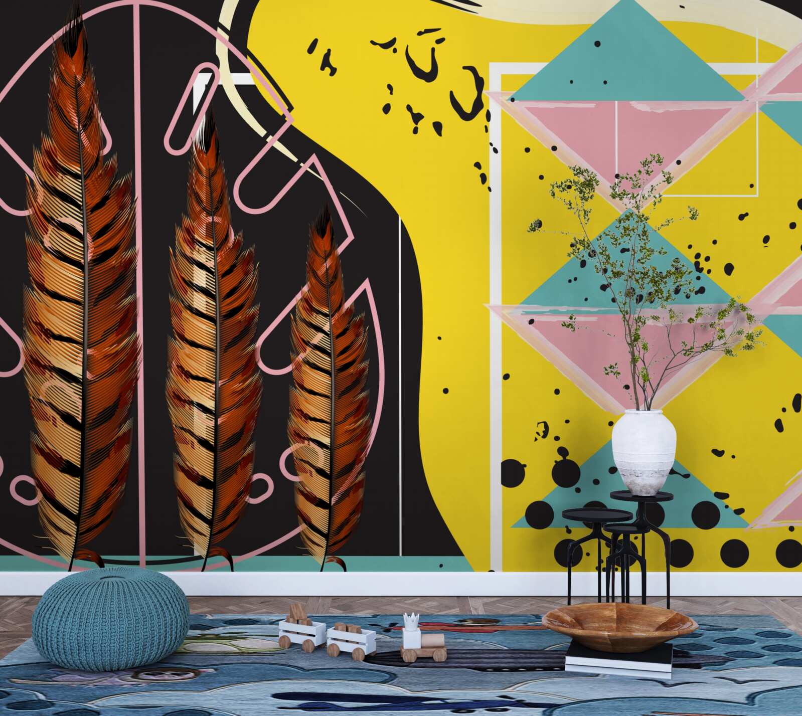 Fototapeta geometryczne kształty w tle wyskakują za żółtymi kłoskami