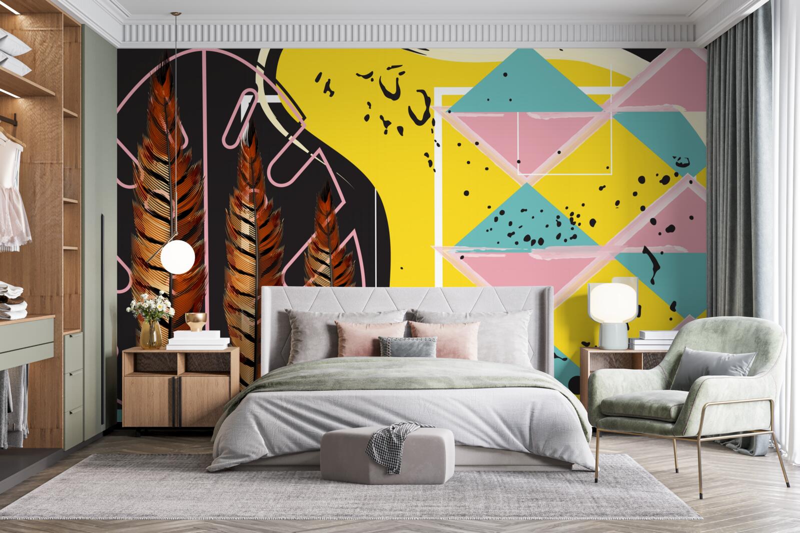 Fototapeta geometryczne kształty w tle wyskakują za żółtymi kłoskami