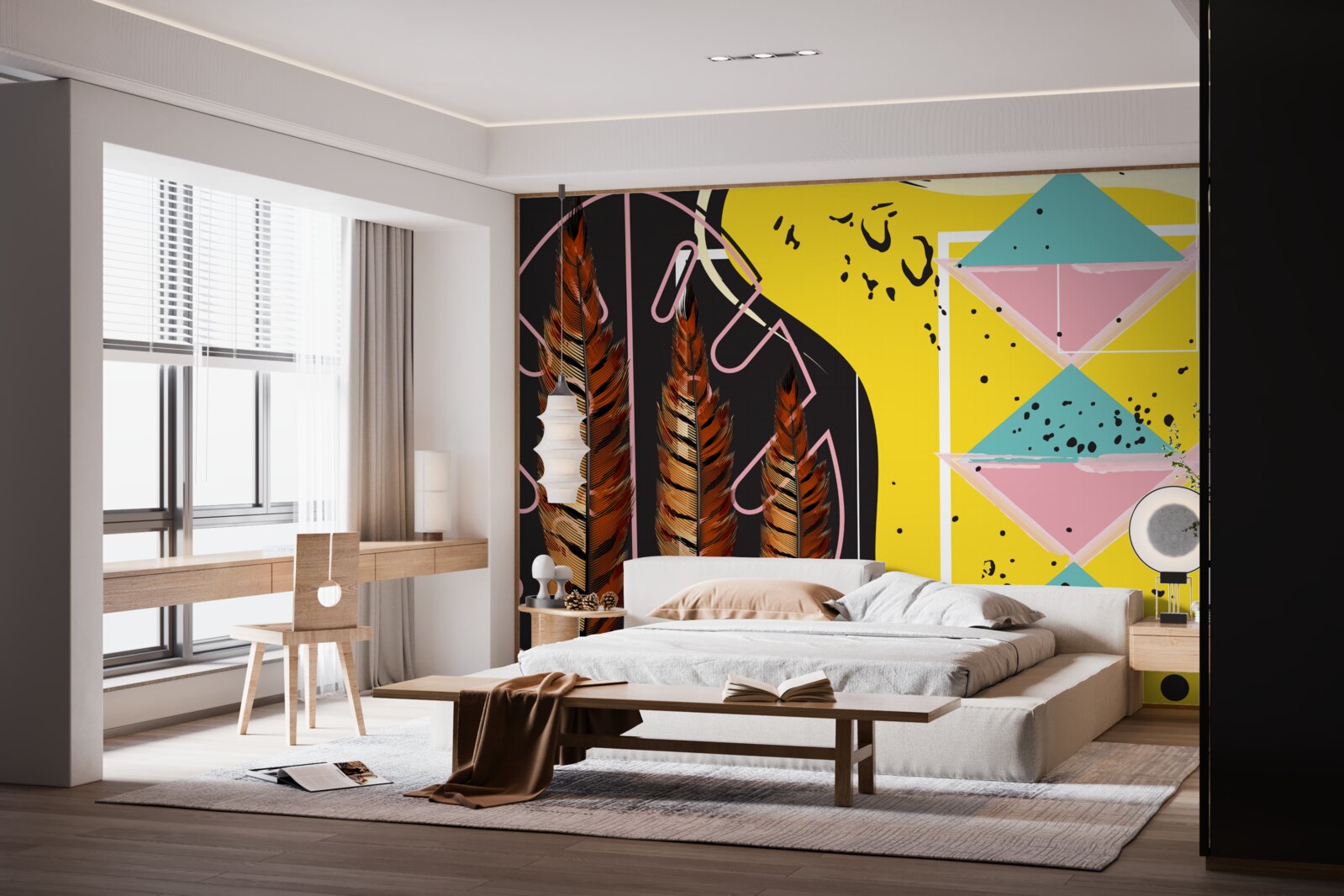 Fototapeta geometryczne kształty w tle wyskakują za żółtymi kłoskami