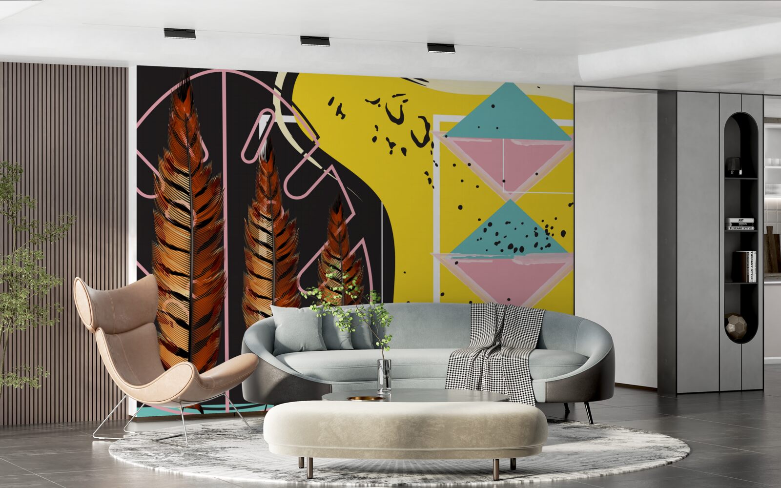 Fototapeta geometryczne kształty w tle wyskakują za żółtymi kłoskami