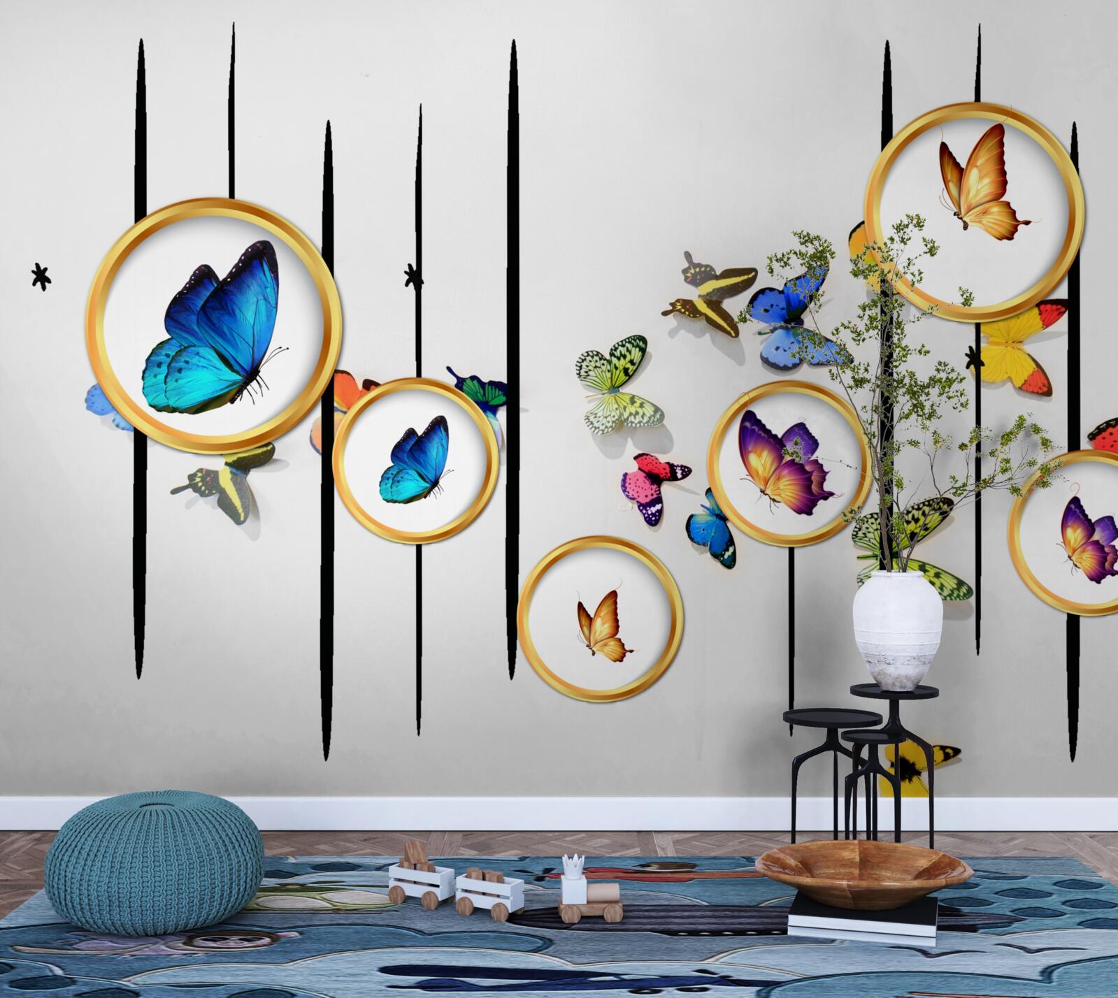 Fototapeta na białym tle znajdują się motyle otoczone złotymi kółkami