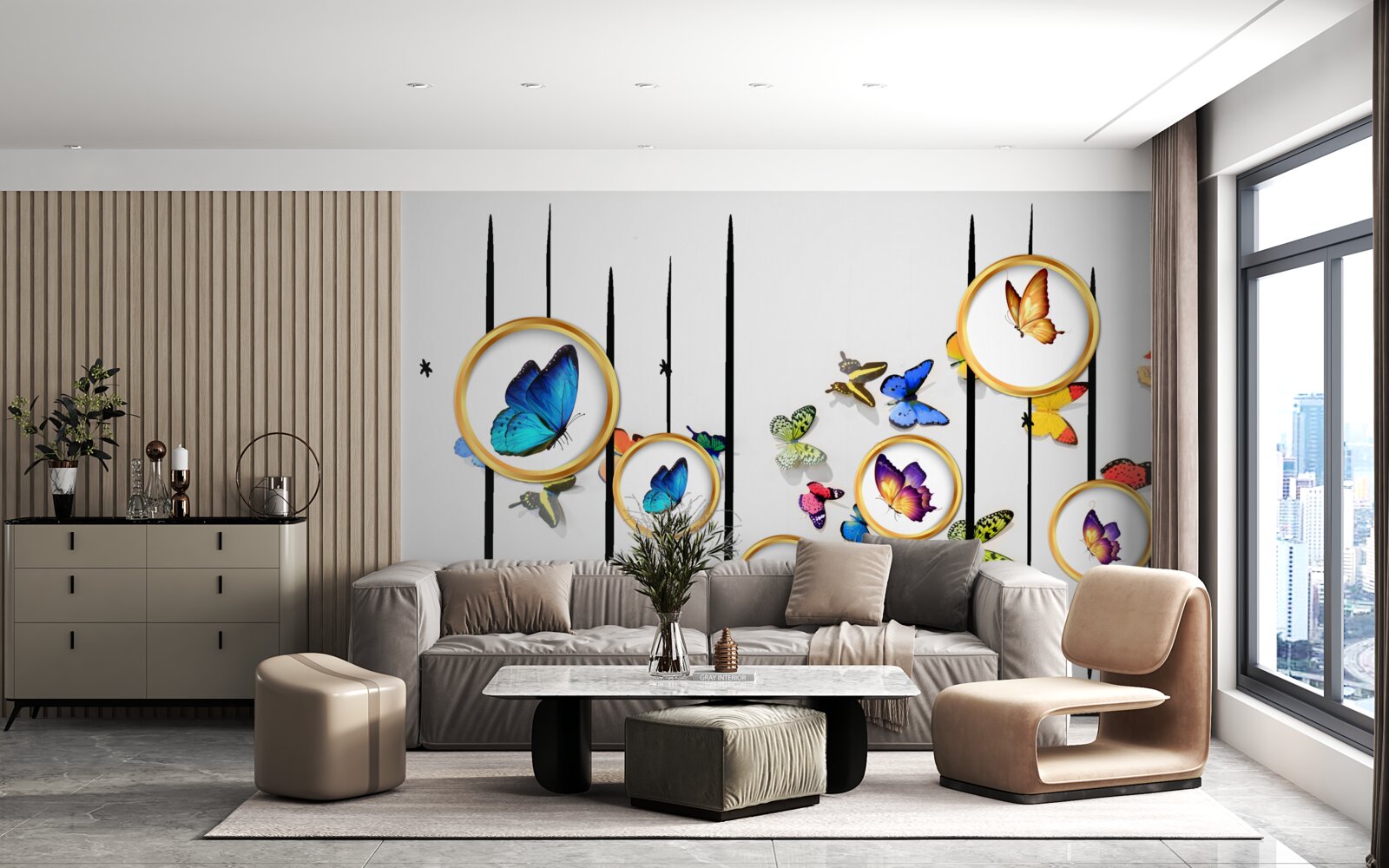 Fototapeta na białym tle znajdują się motyle otoczone złotymi kółkami