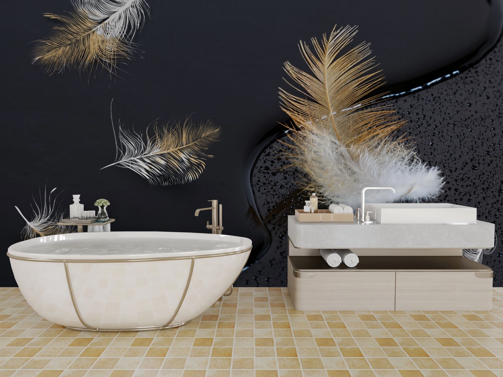 Fototapeta miękki puch w kolorze śnieżnobiałym i złotym