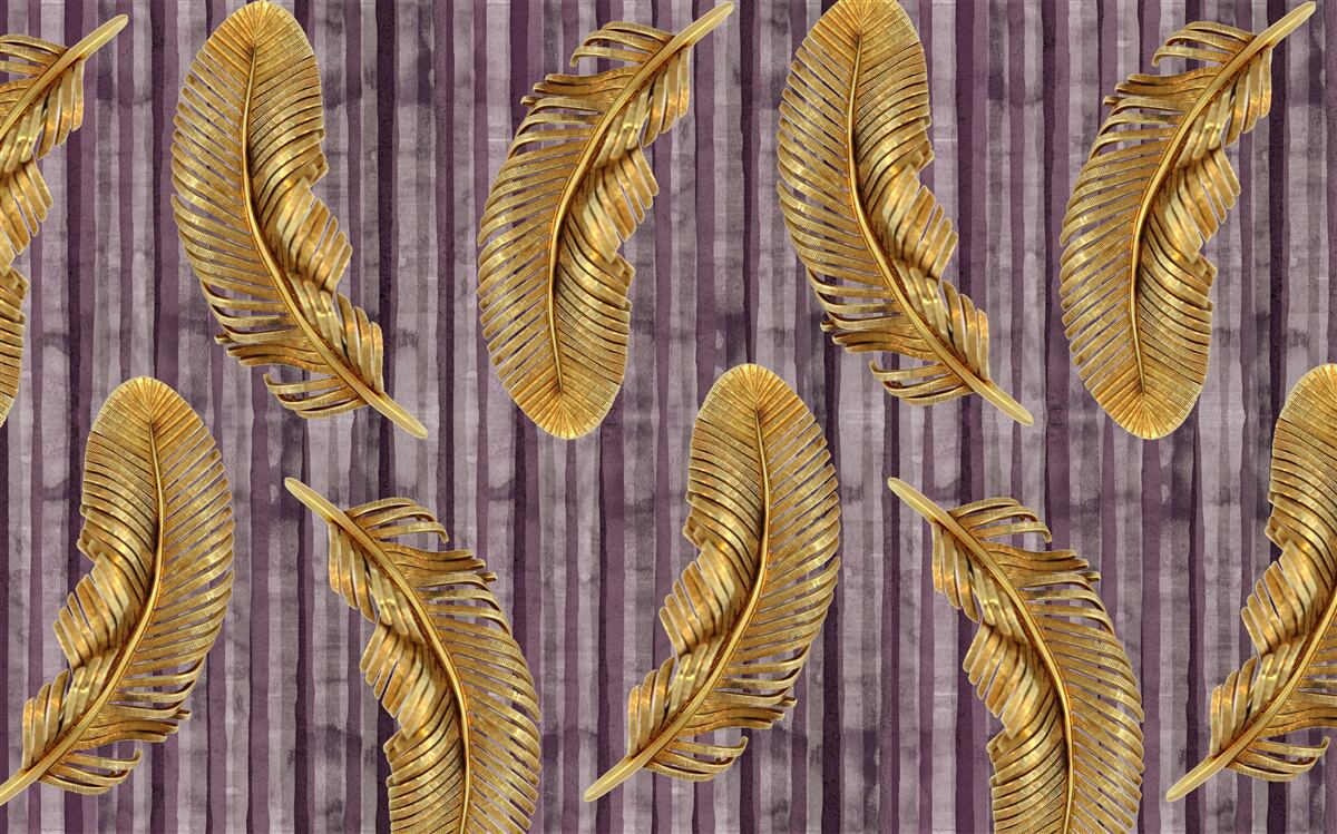 Fototapeta fioletowe tło ozdobione jest złotymi piórami