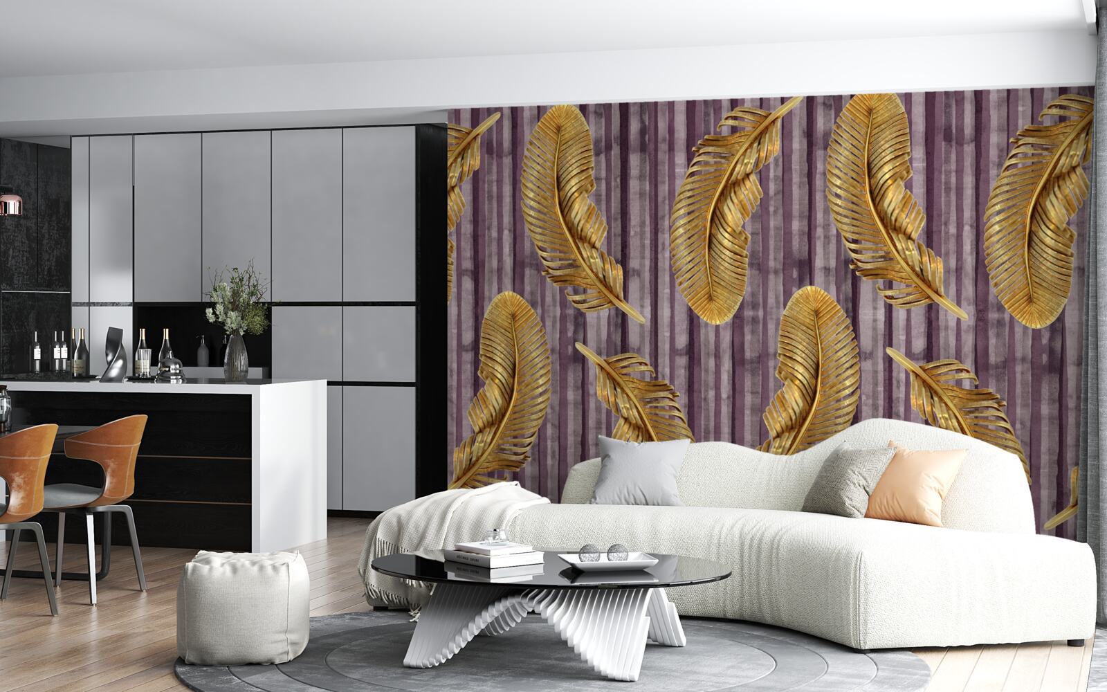 Fototapeta fioletowe tło ozdobione jest złotymi piórami