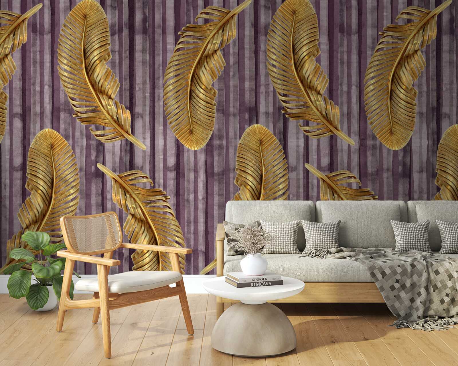 Fototapeta fioletowe tło ozdobione jest złotymi piórami