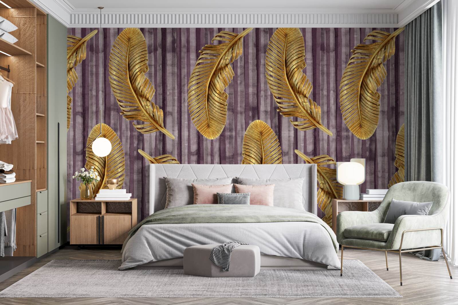 Fototapeta fioletowe tło ozdobione jest złotymi piórami