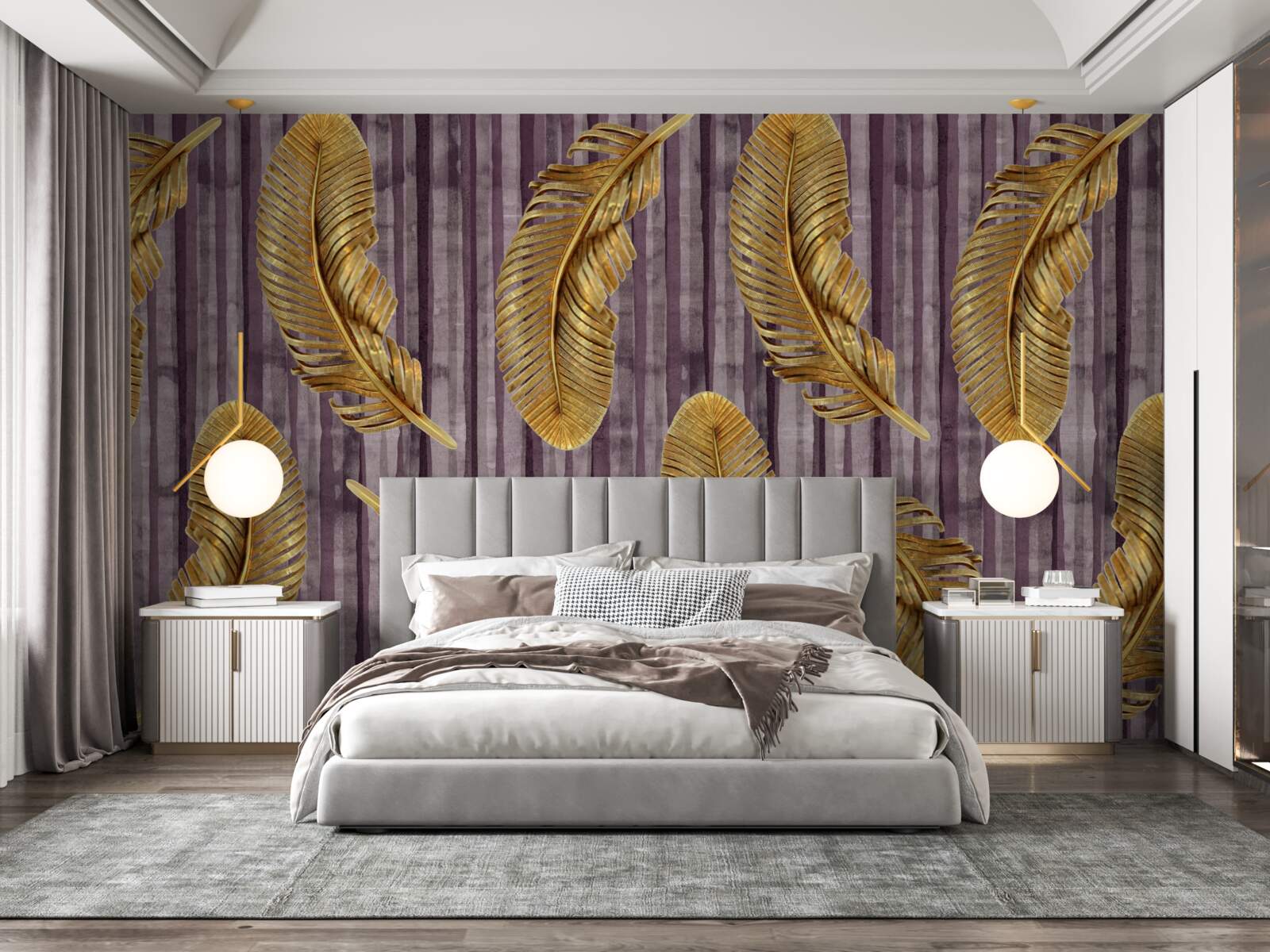 Fototapeta fioletowe tło ozdobione jest złotymi piórami