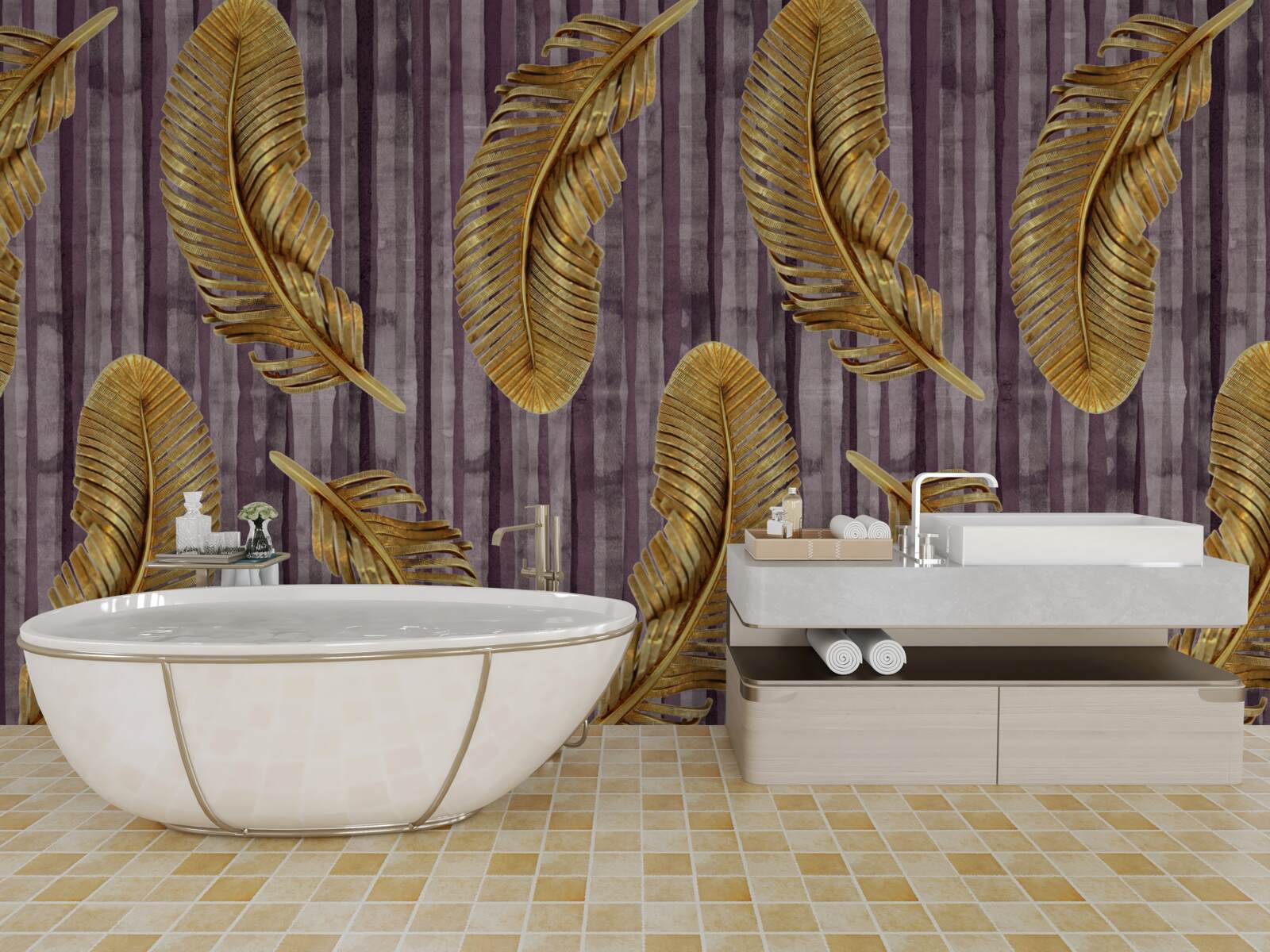 Fototapeta fioletowe tło ozdobione jest złotymi piórami