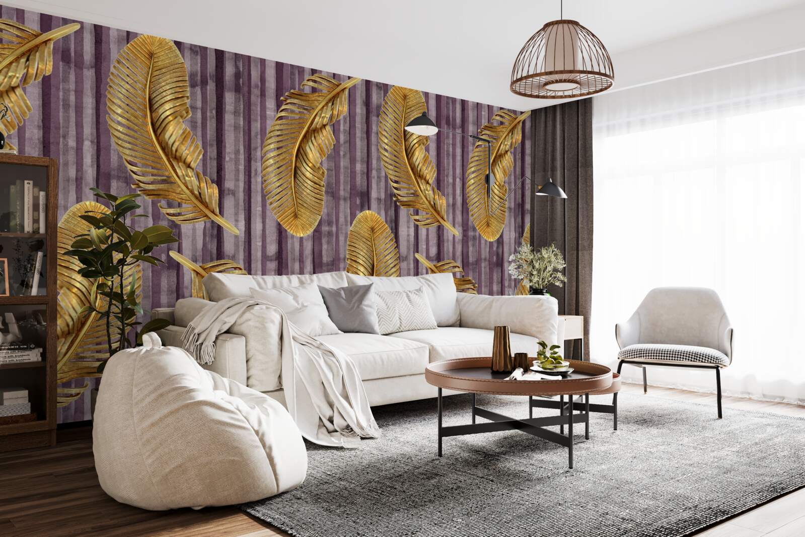 Fototapeta fioletowe tło ozdobione jest złotymi piórami