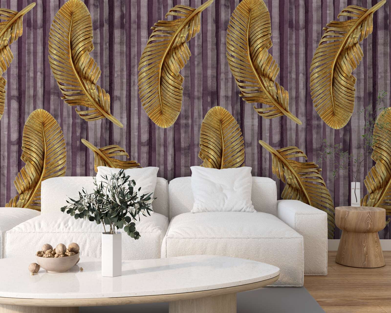 Fototapeta fioletowe tło ozdobione jest złotymi piórami