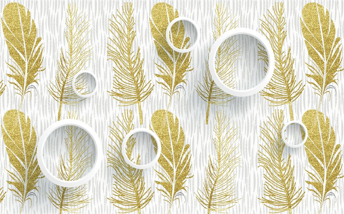 Fototapeta złote puszyste pióra i śnieżnobiałe kółka