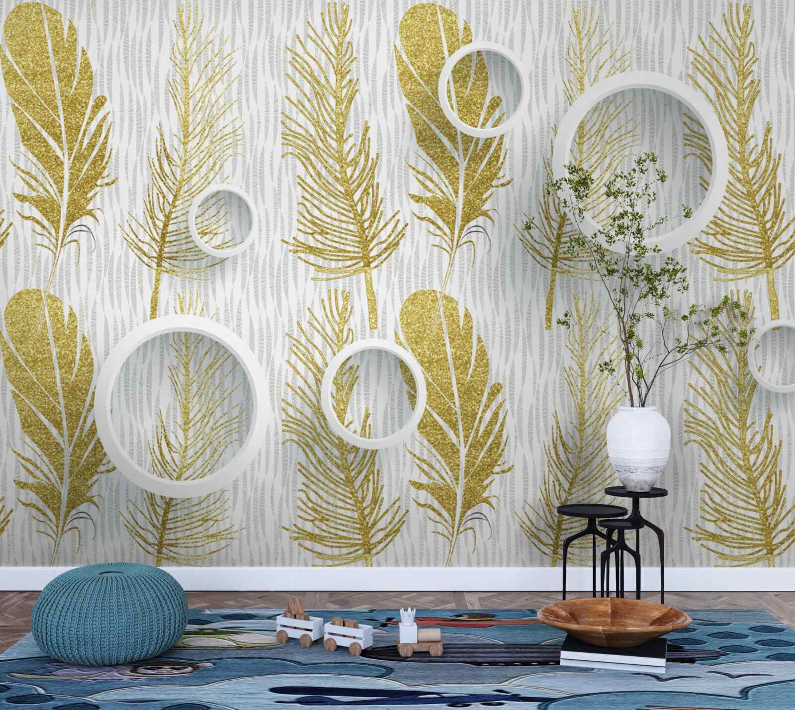 Fototapeta złote puszyste pióra i śnieżnobiałe kółka