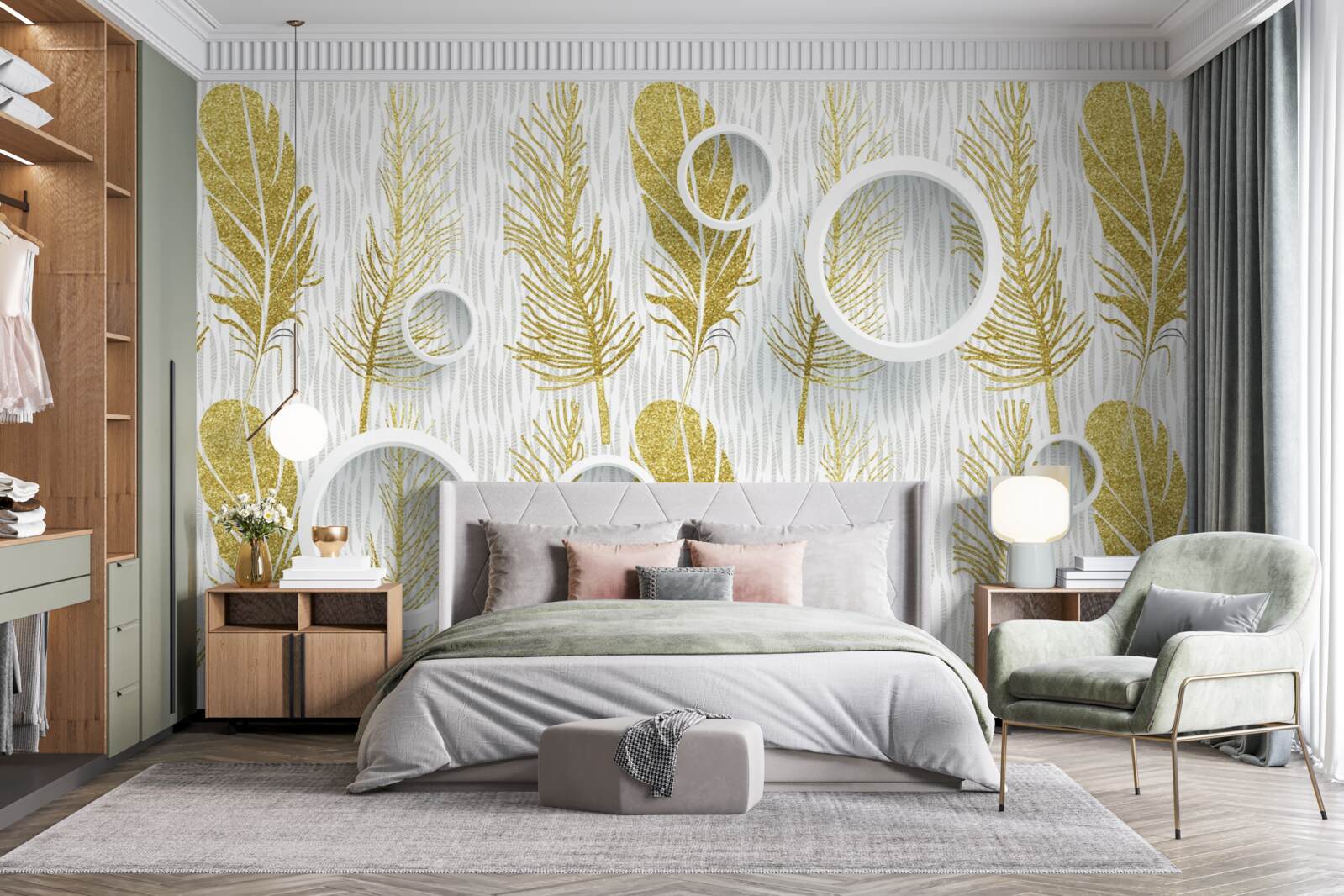 Fototapeta złote puszyste pióra i śnieżnobiałe kółka