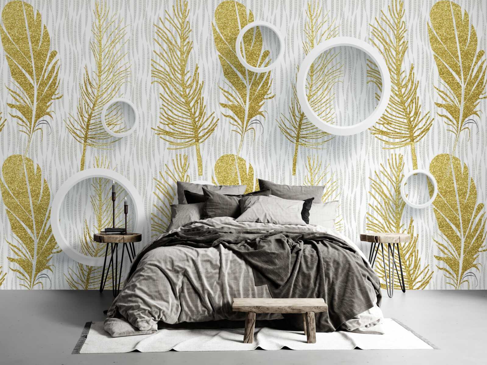 Fototapeta złote puszyste pióra i śnieżnobiałe kółka