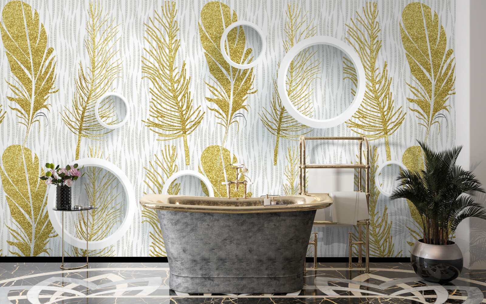 Fototapeta złote puszyste pióra i śnieżnobiałe kółka