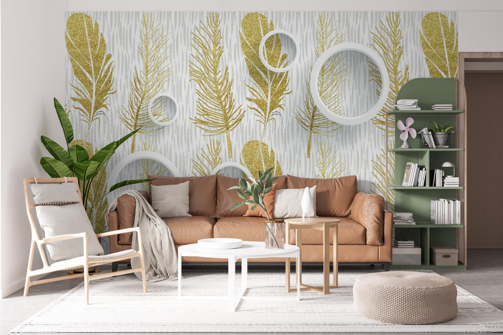 Fototapeta złote puszyste pióra i śnieżnobiałe kółka