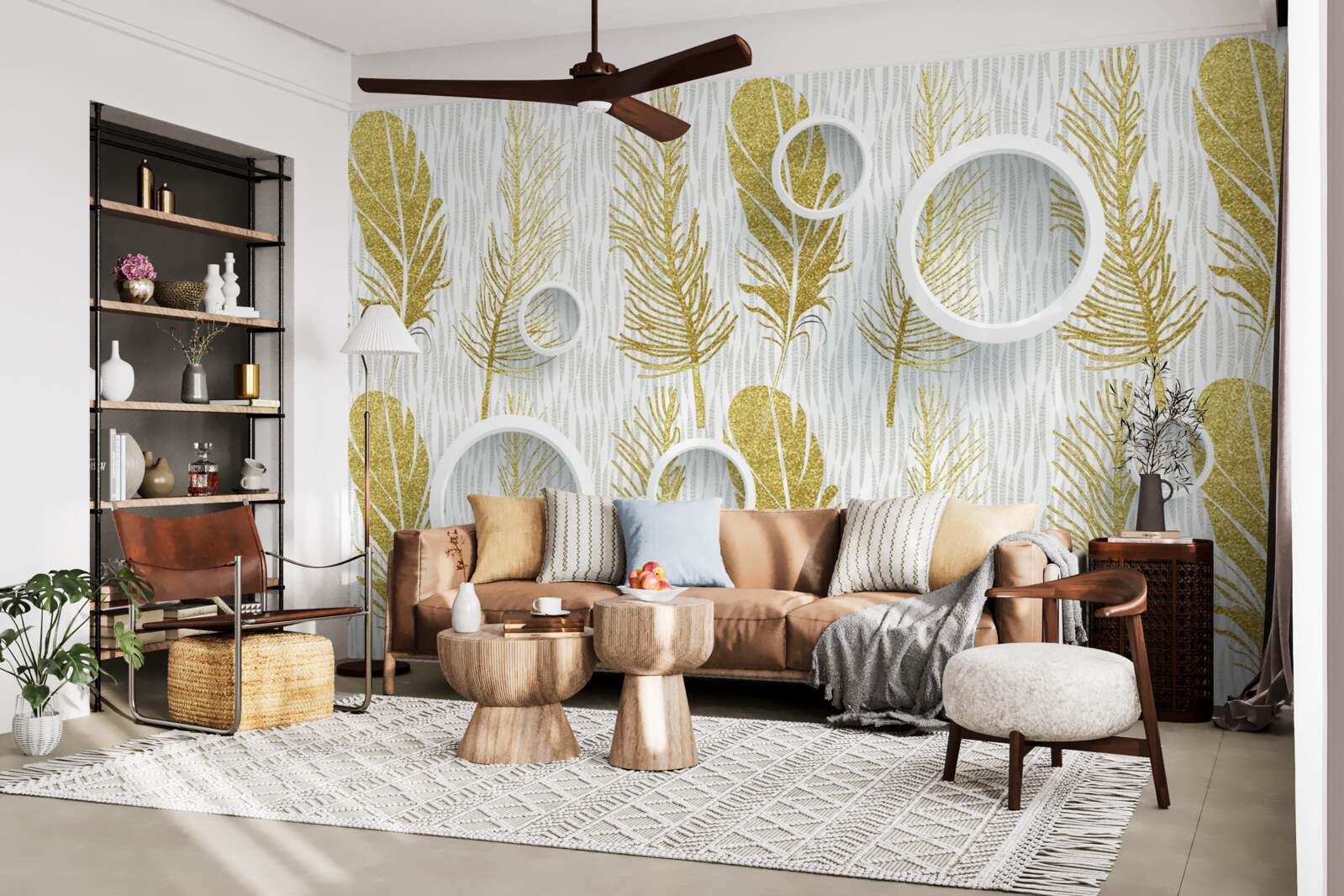 Fototapeta złote puszyste pióra i śnieżnobiałe kółka