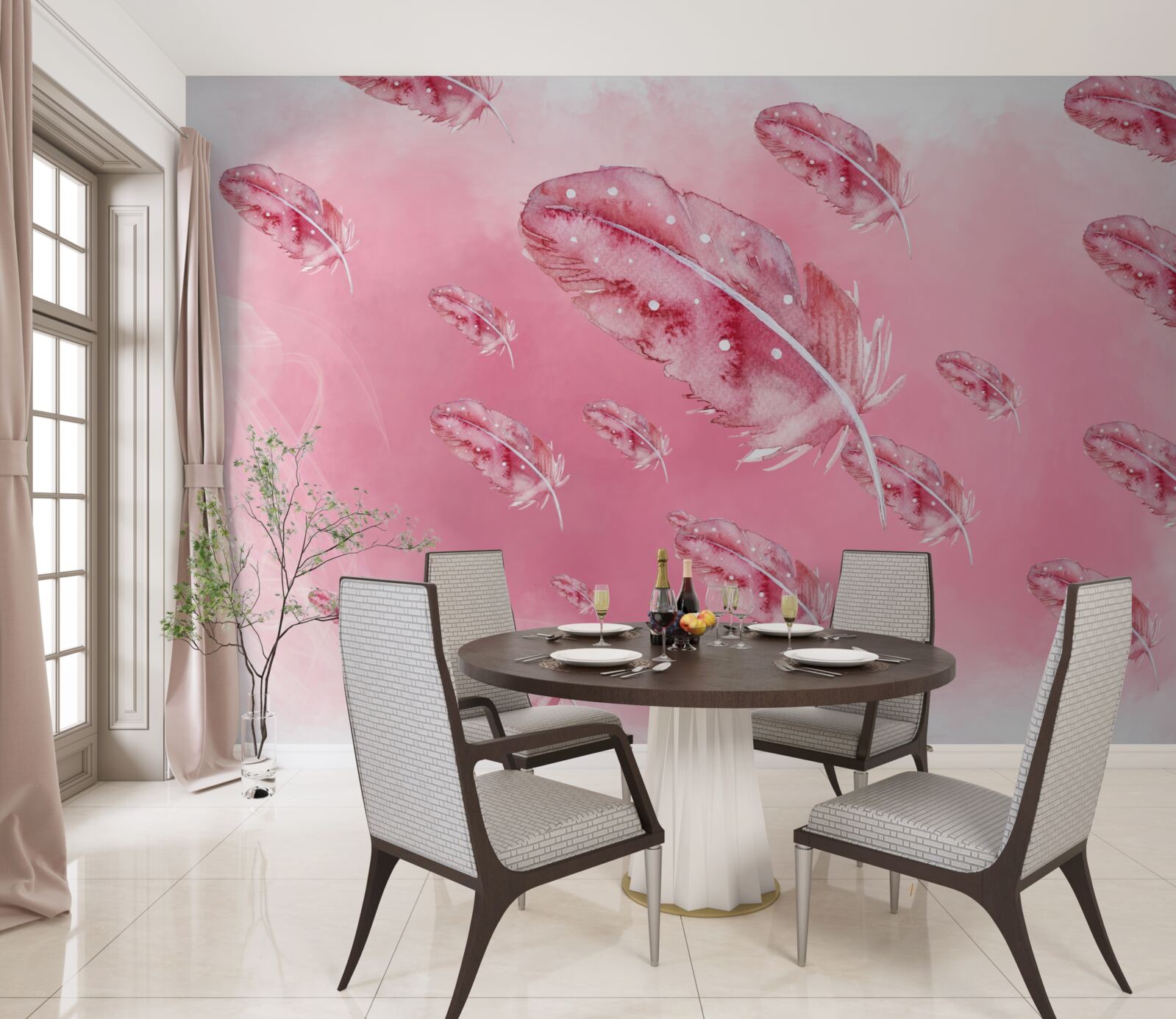 Fototapeta na różowym tle znajdują się różowe pióra