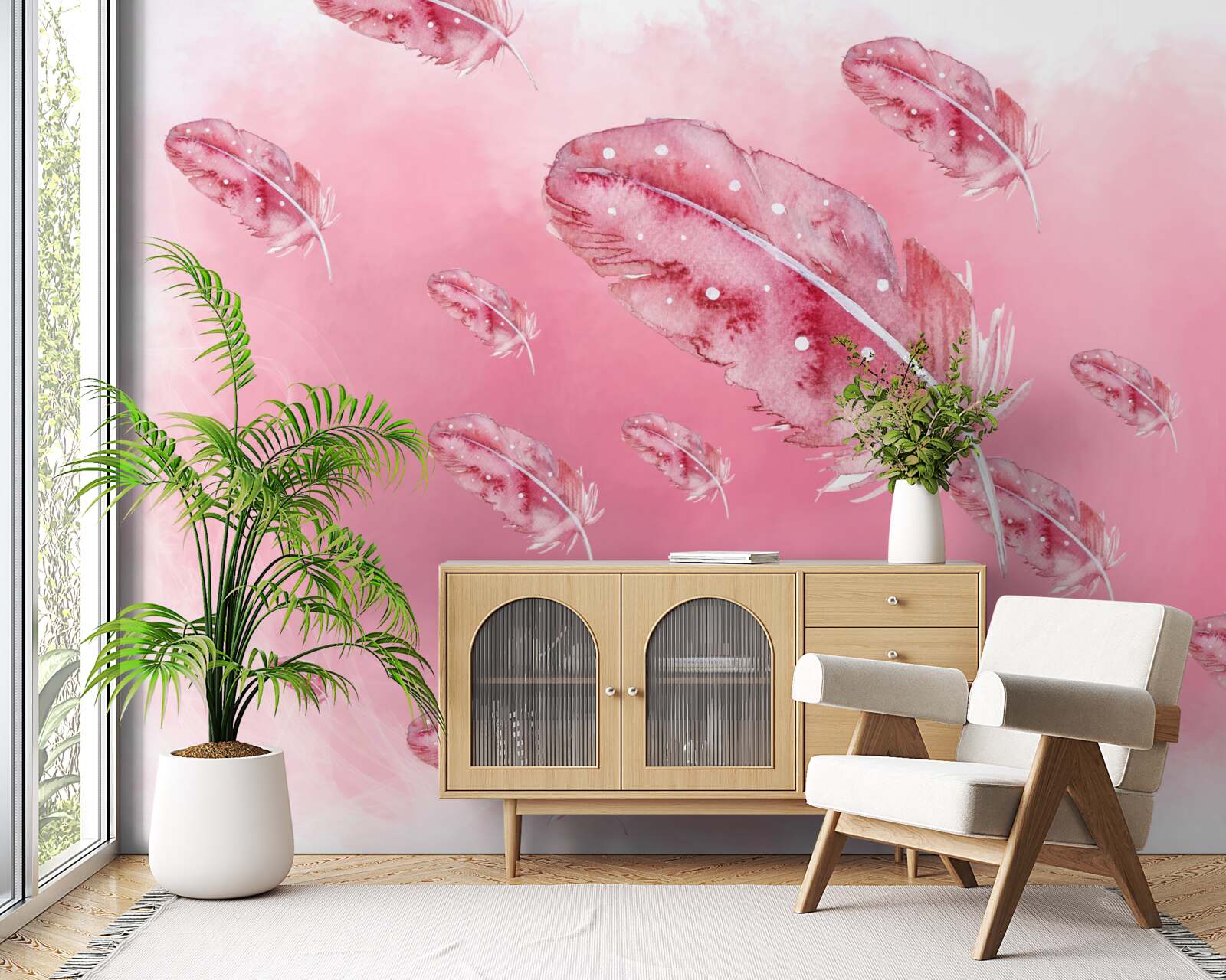 Fototapeta na różowym tle znajdują się różowe pióra