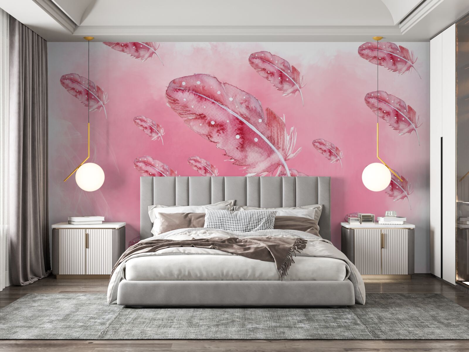 Fototapeta na różowym tle znajdują się różowe pióra