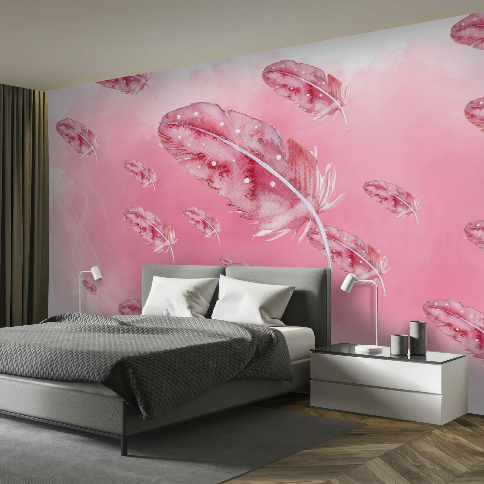 Fototapeta na różowym tle znajdują się różowe pióra