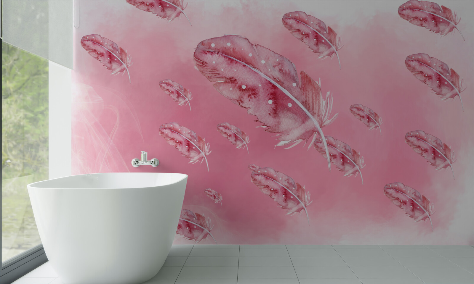 Fototapeta na różowym tle znajdują się różowe pióra