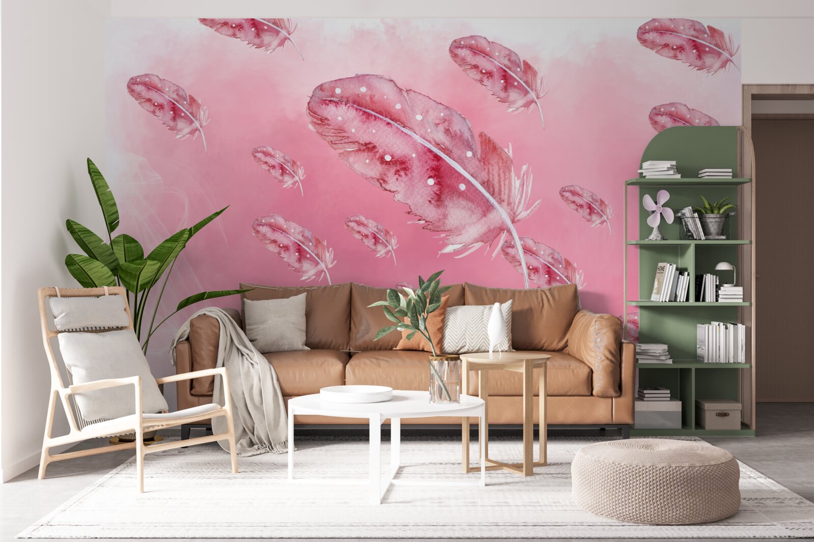 Fototapeta na różowym tle znajdują się różowe pióra