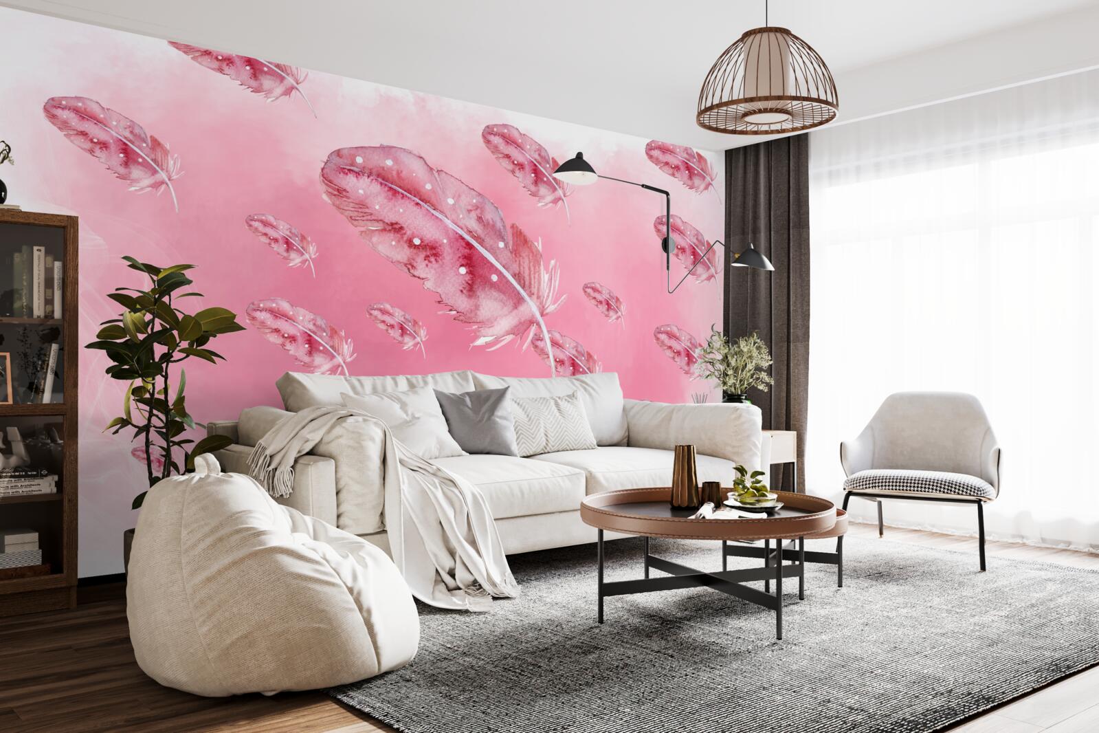 Fototapeta na różowym tle znajdują się różowe pióra