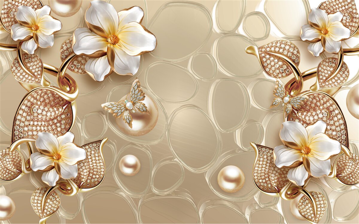 Fototapeta z pereł na jedwabiu rozwijają się gałęzie z białymi kwiatami