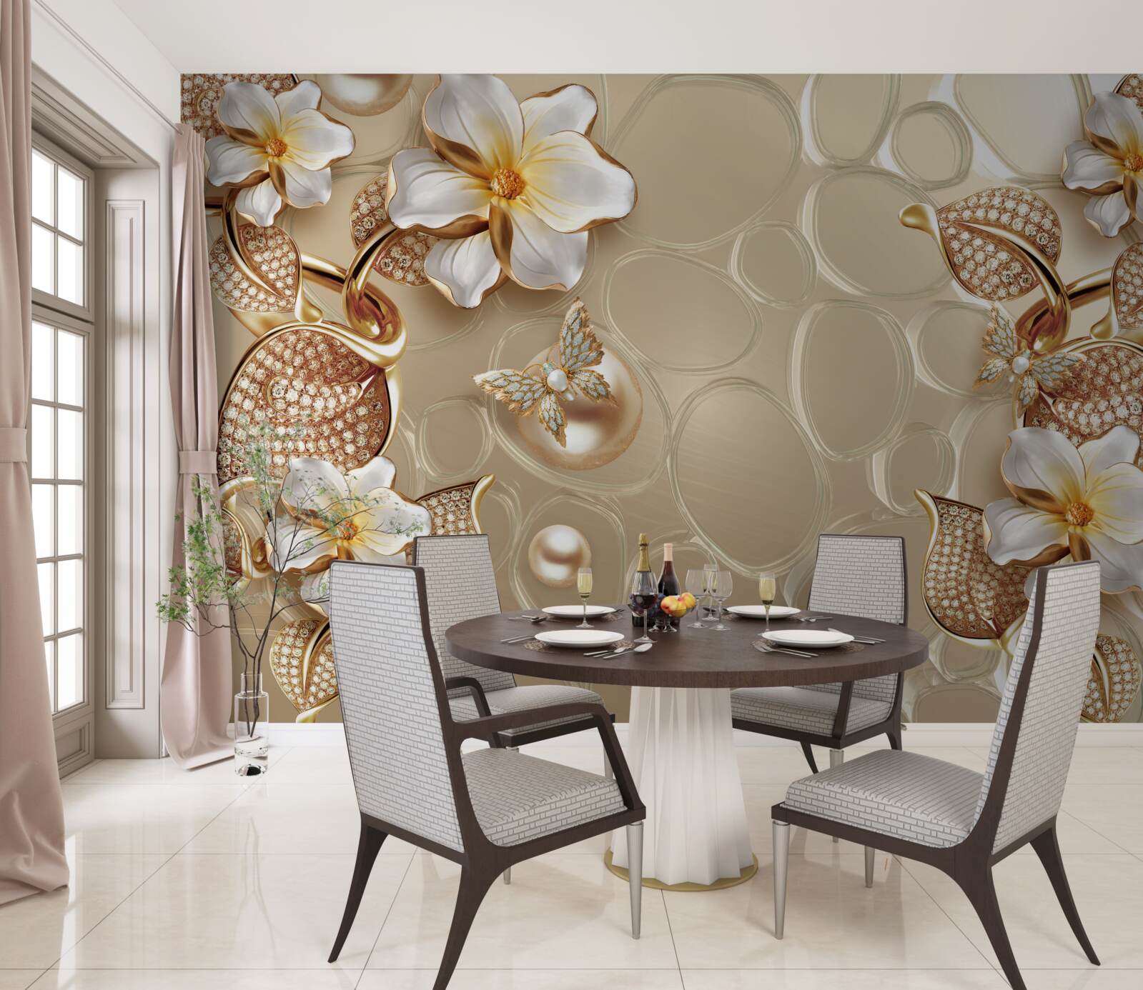 Fototapeta z pereł na jedwabiu rozwijają się gałęzie z białymi kwiatami