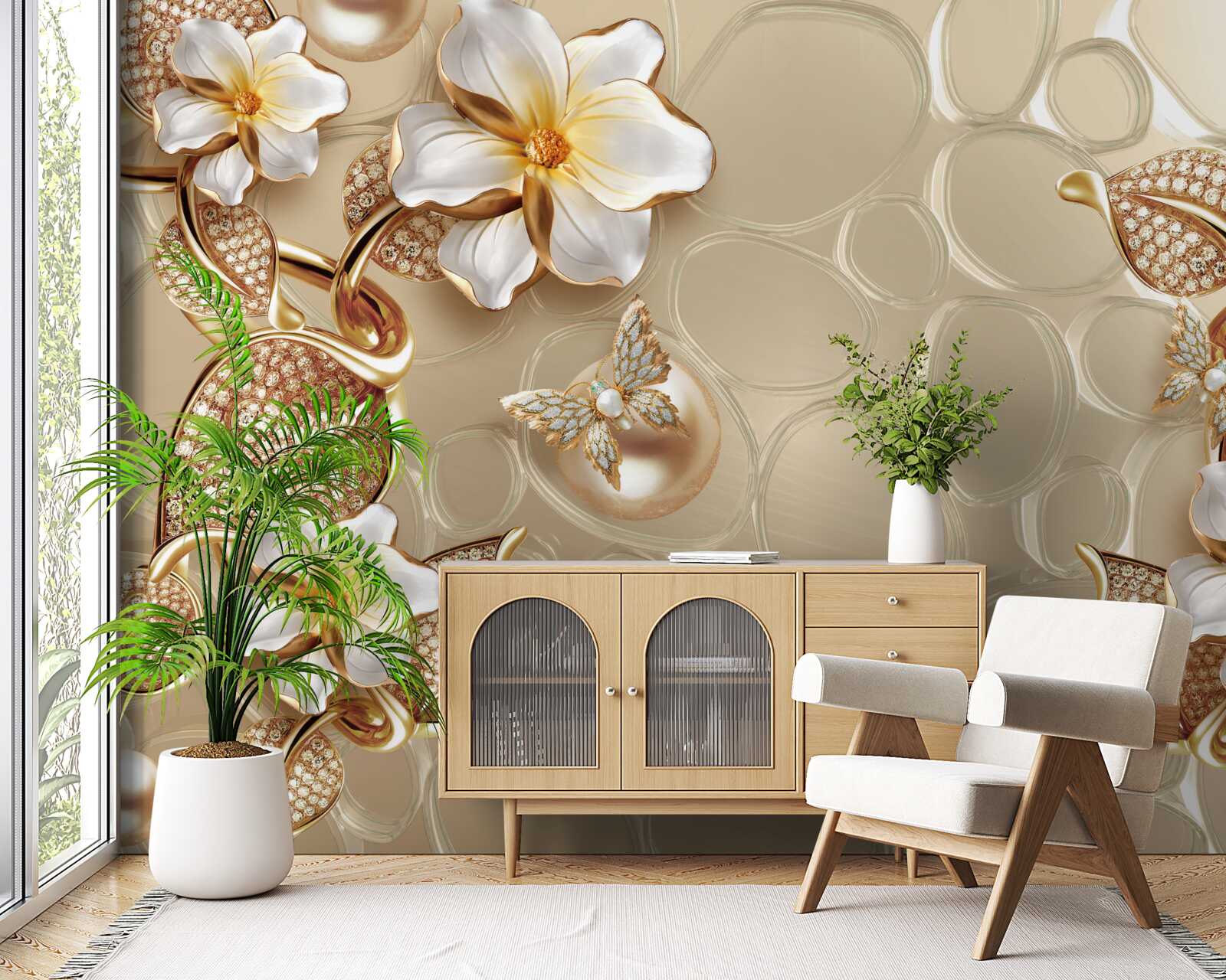 Fototapeta z pereł na jedwabiu rozwijają się gałęzie z białymi kwiatami